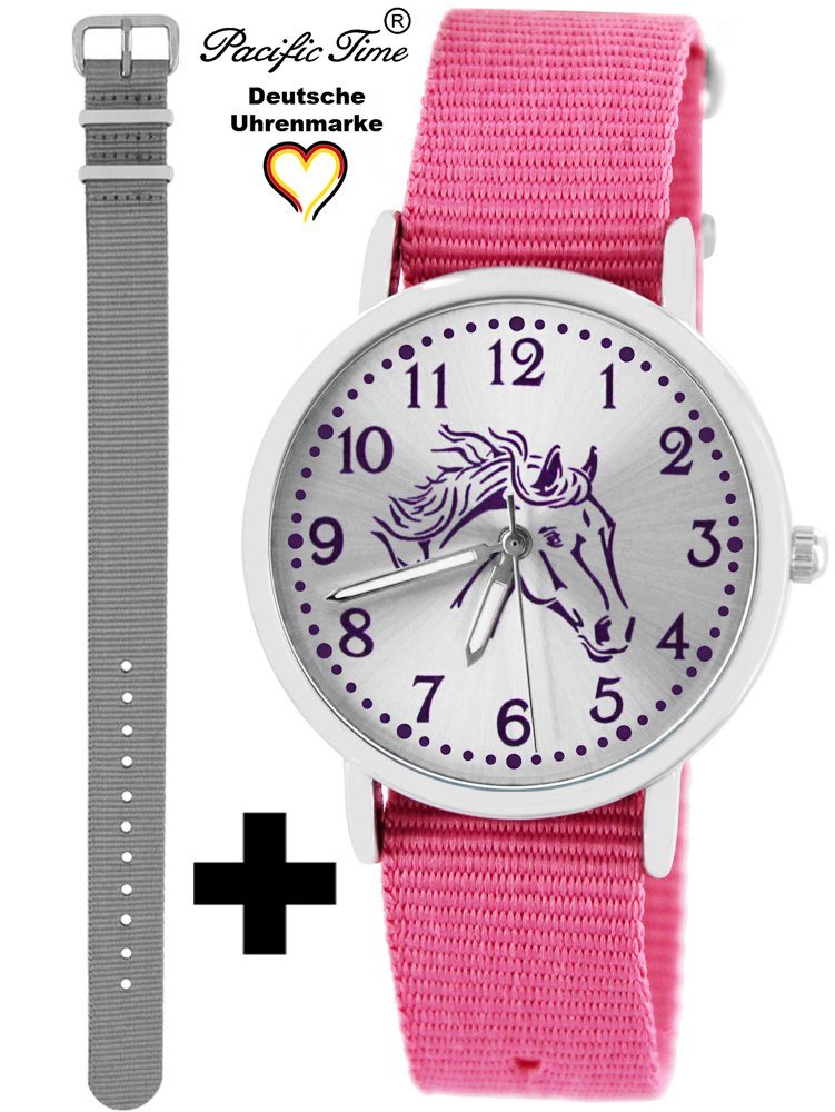 Pacific Time Quarzuhr rosa Versand Kinder Design Pferd - Wechselarmband, Match Gratis violett grau Armbanduhr und und Mix Set