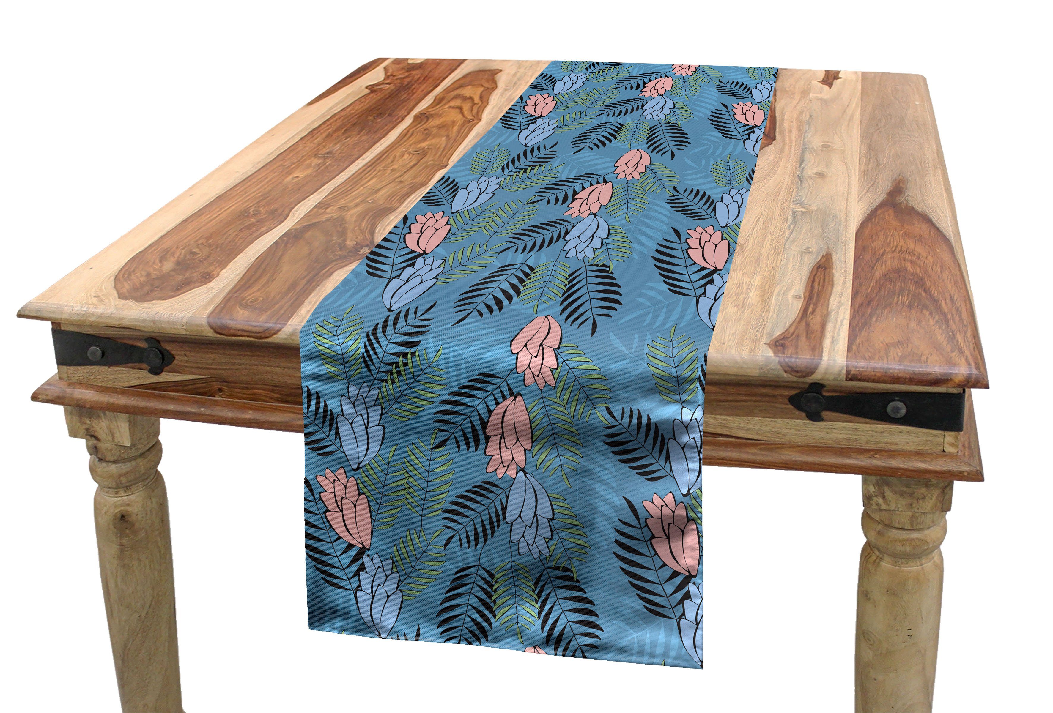 Abakuhaus Tischläufer Esszimmer Küche Rechteckiger Dekorativer Tischläufer, Floral Tropische Botanik auf Blau Zurück