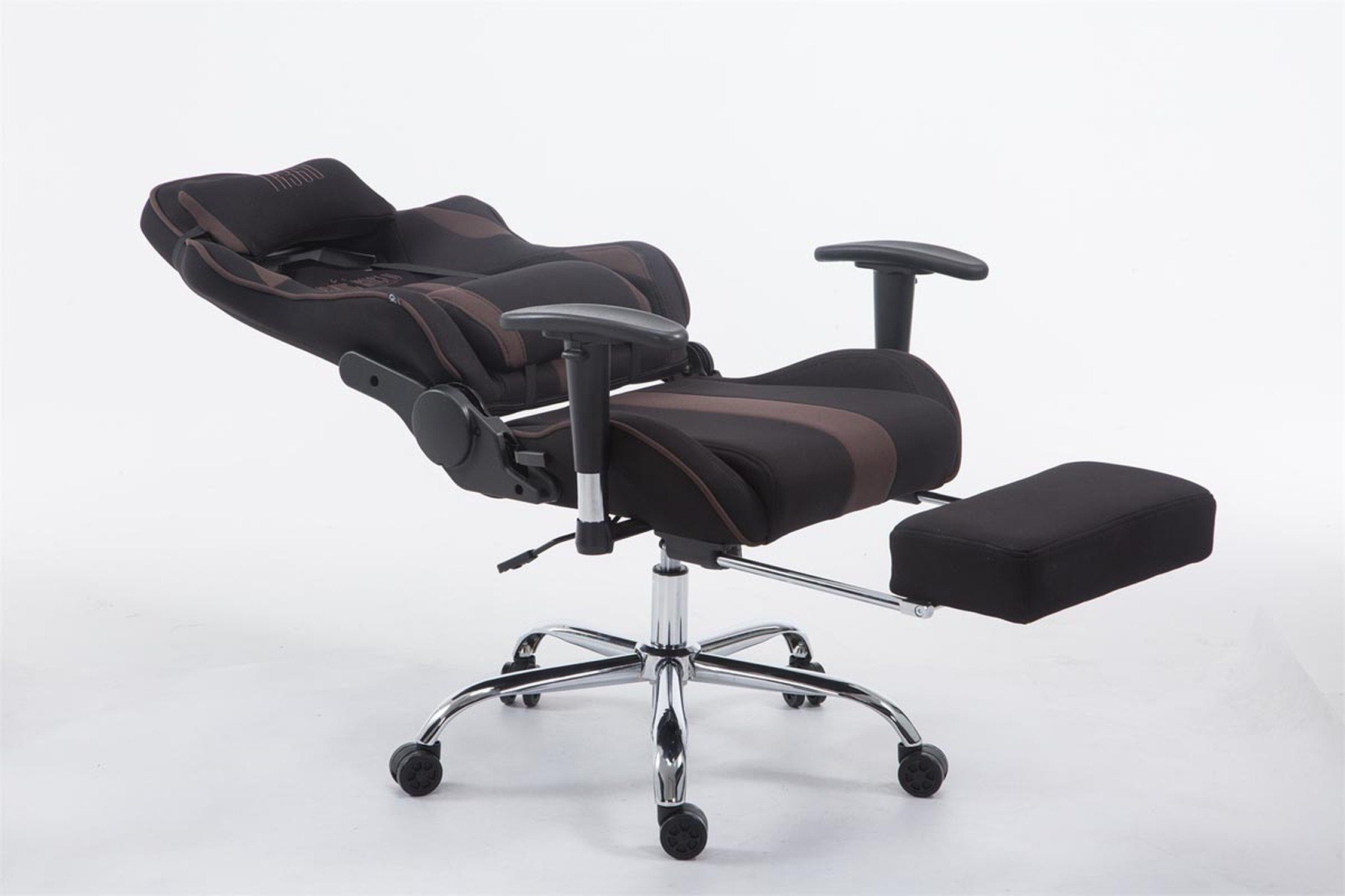 TPFLiving Gaming-Stuhl Limitless mit bequemer Gestell: Stoff schwarz/braun Sitzfläche: Gamingstuhl, drehbar höhenverstellbar - (Schreibtischstuhl, und Racingstuhl, chrom 360° Drehstuhl, Metall Chefsessel), - Rückenlehne