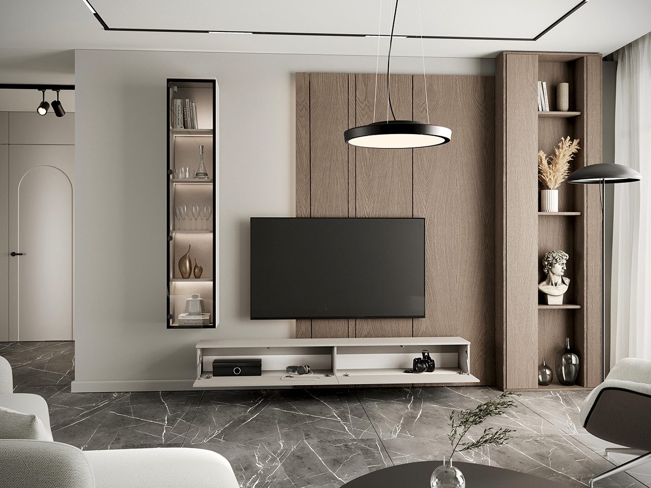 MOEBLINE Wohnwand Wohnwand Medienwand FIVO 2 kaschmir TV-Lowboard Vitrine 2 günstig online kaufen