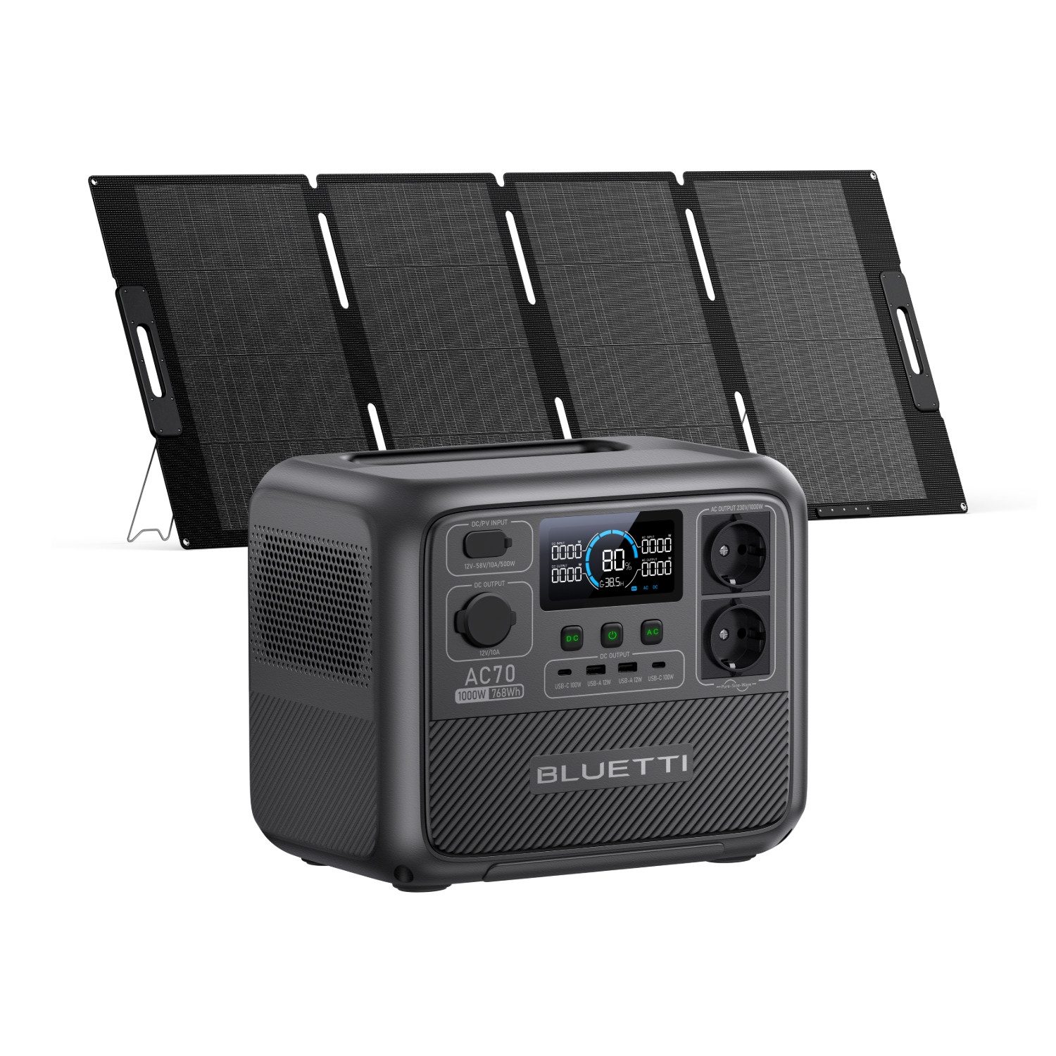 BLUETTI Stromerzeuger AC70 768Wh/1000W tragbarer Power Station, 1,00 in kW, (2 1000W AC Ausgänge, 100W Typ-C, mit BLUETTI PV200 200W), für Reise, Camping