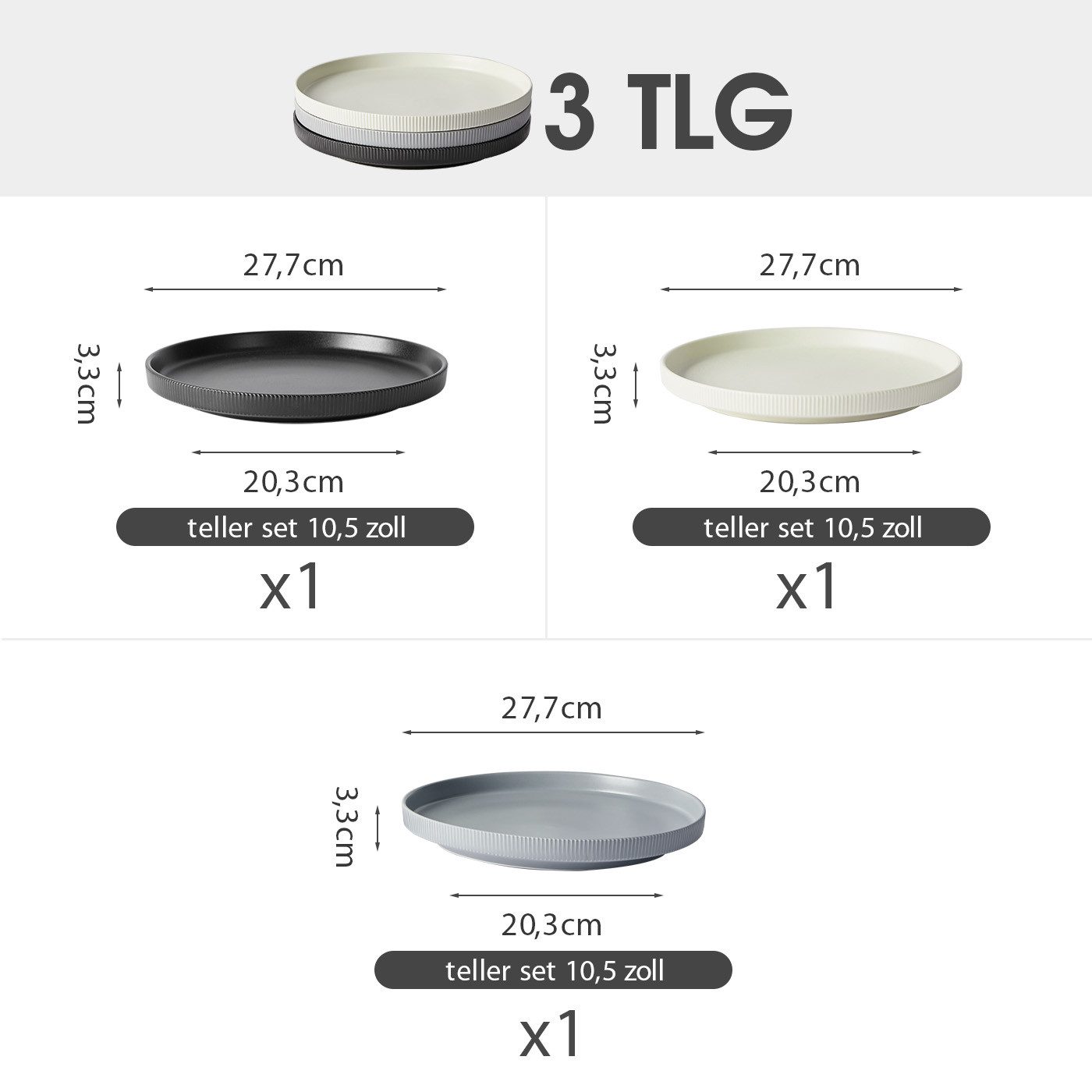 JIWOO Teller 4er Ø27,7cm, Speiseteller Steakteller Dessertteller Brotteller Plate, (3 St), Keramik Hochwertiges Tellerset Bunt Mikrowellen spülmaschinenfest
