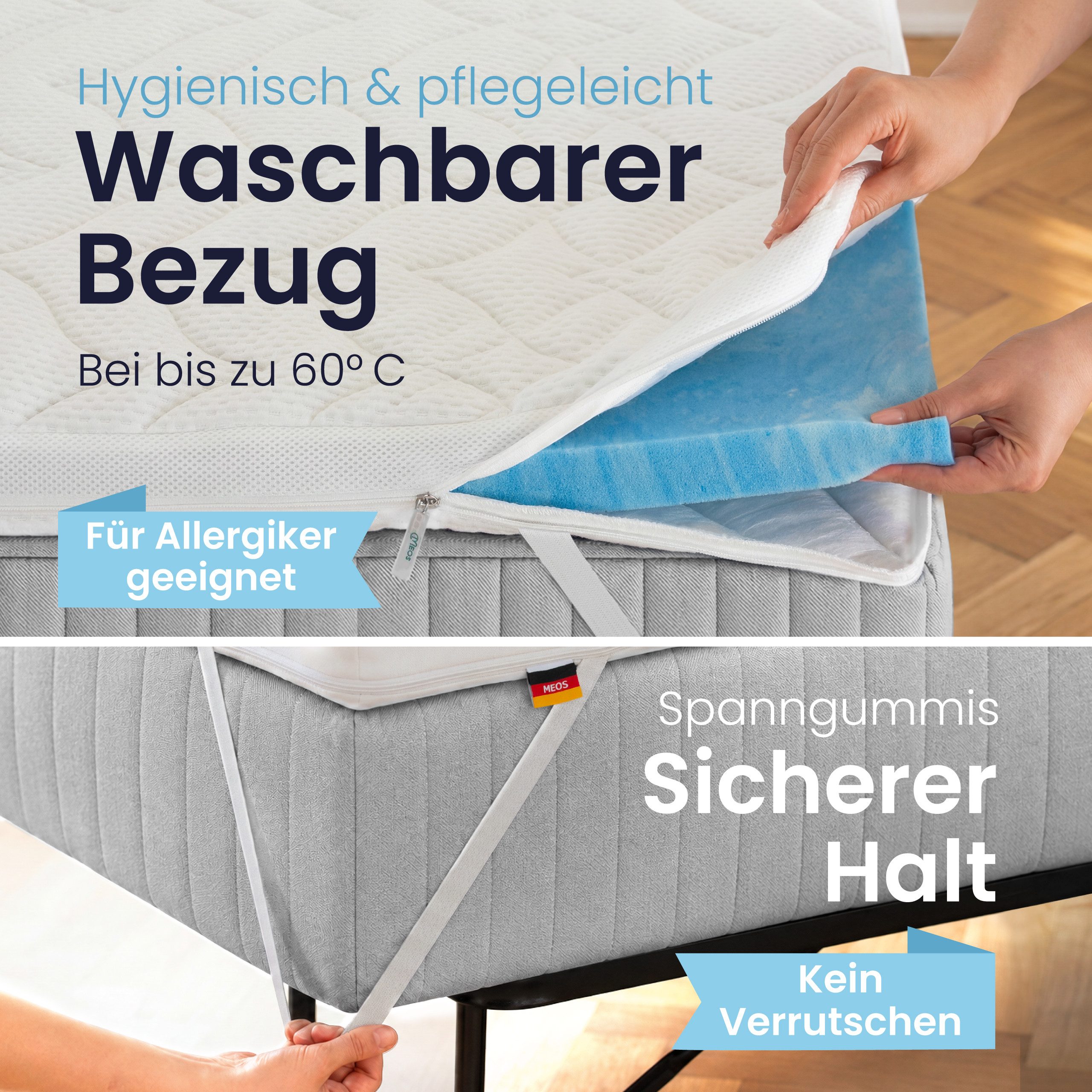 Meos, Topper Geltopper für Matratzen, Boxspringbetten & Schlafsofas, 6 cm hoch, Gel-Schaum, Gelschaum, Made in Germany, Druckentlastend & Atmungsaktiv