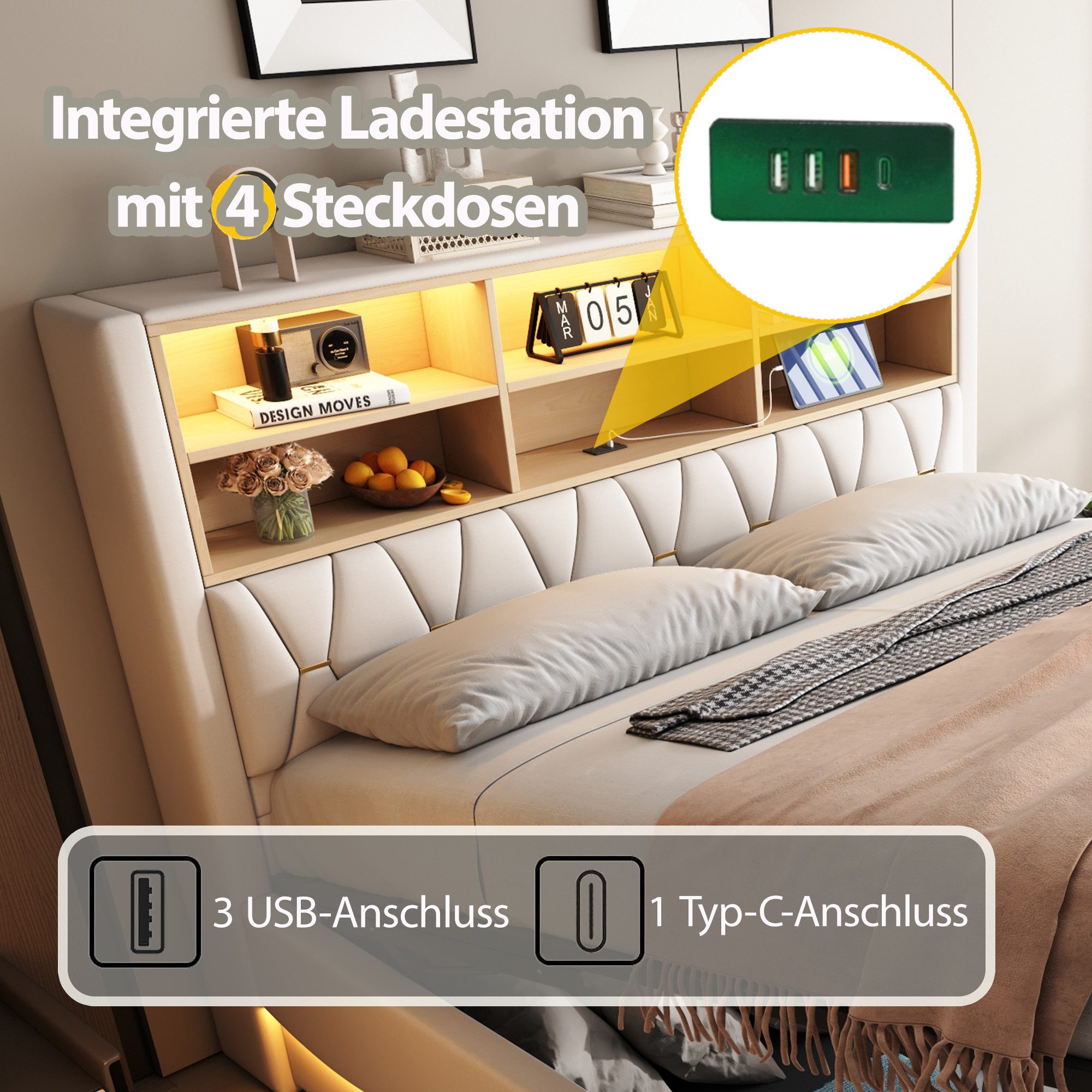 Merax Polsterbett (Doppelbett Jugendbett mit Metall-Lattenrost, 1-tlg), Hydraulisches Stauraumbett 180x200cm mit LED, USB und Ablagefächern – Bild 5 von 5
