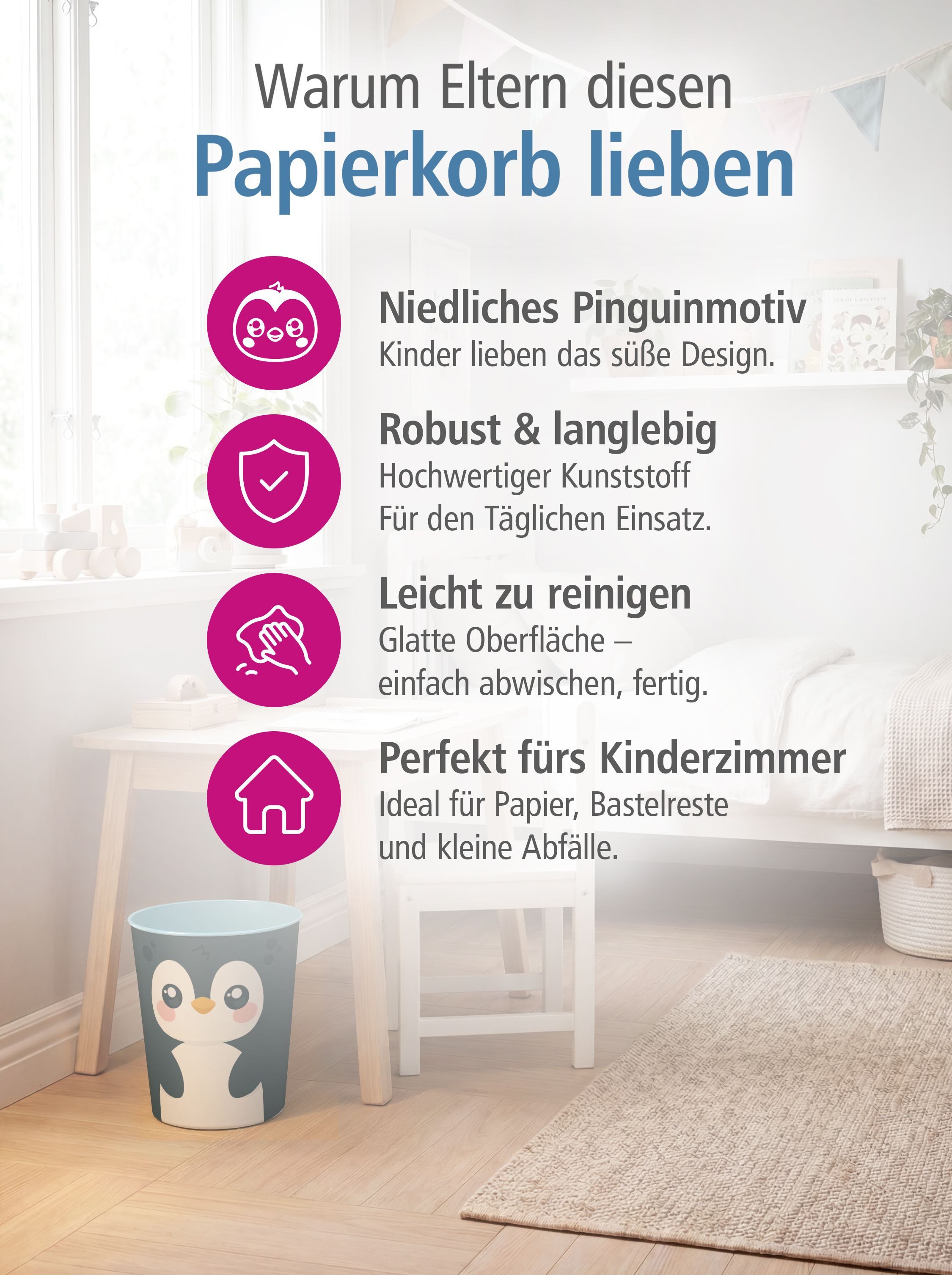 itenga Papierkorb itenga Papierkorb Tiermotiv - PINGUIN - Kawaii Design - ca 11 Liter – Bild 3 von 5