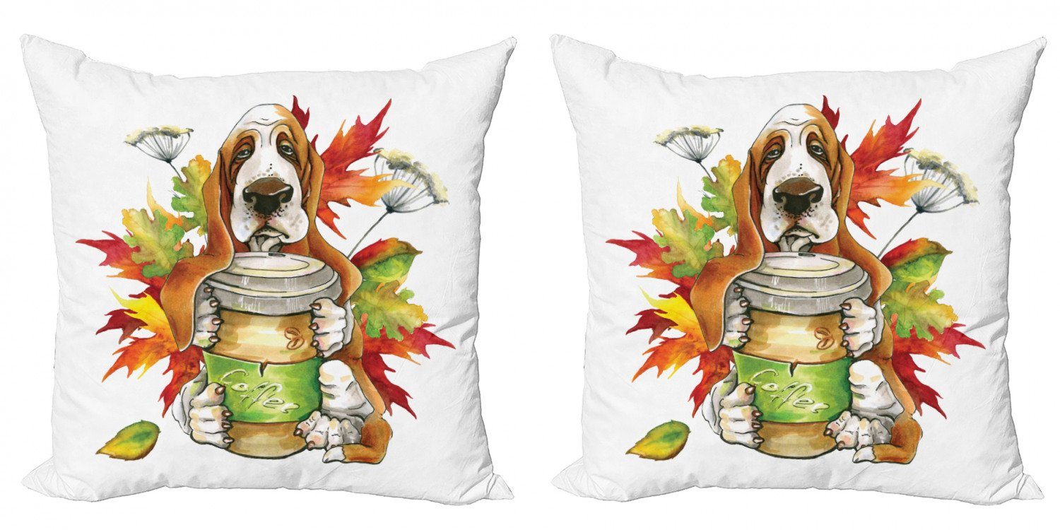 Kissenbezüge Doppelseitiger Herbst-Blatt Abakuhaus Basset (2 Stück), Digitaldruck, Kaffee Hund Modern Accent