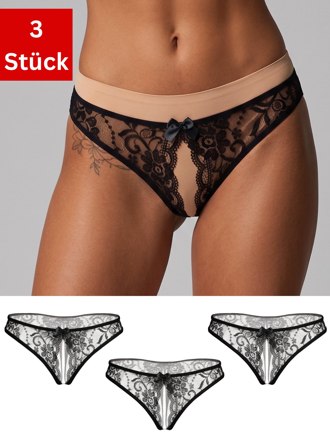 Elegant Love Slip-Ouvert Spitzen-String mit offenem Schritt – Damen Tanga (Packung, 3-St., 3er-Pack) Dessous für besondere Anlässe – Reizwäsche mit raffiniertem Höschen