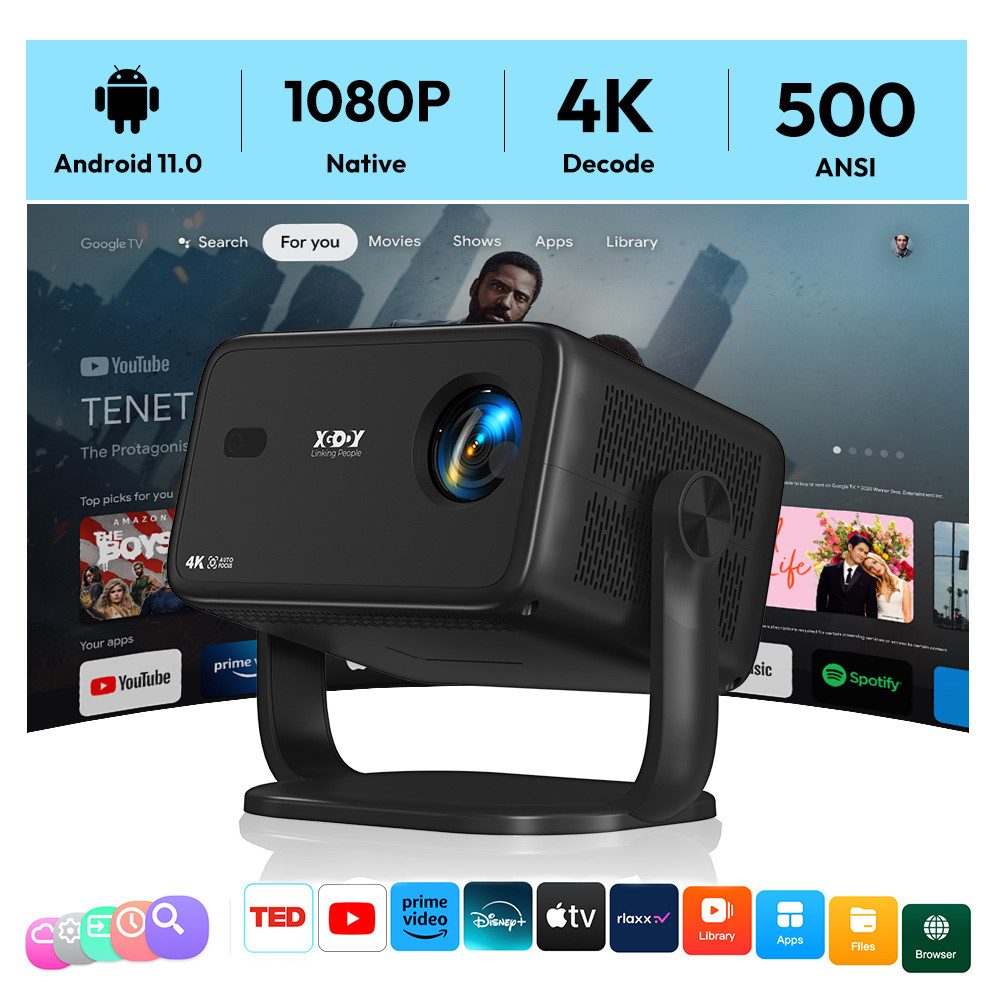 XGODY Autofokus Full HD Native 1080P 3D-Beamer (20000 lm, 20000:1, 3840 x 2160 px, Autofokus & ±45° Autotrapezkorrektur,5G WiFi Bluetooth Beamer)
