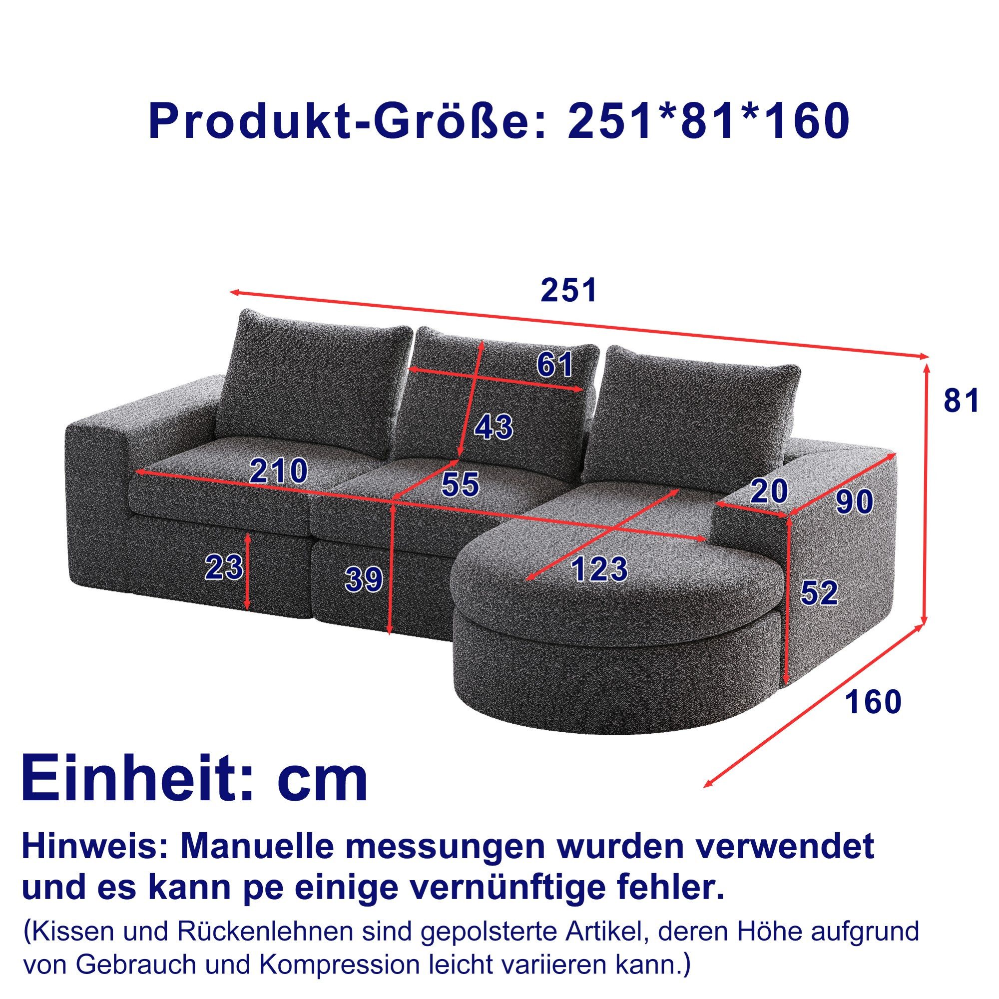 LVHOM Loungesofa Ecksofa, modulares Design, freie Kombination, doppelte Sitzkissen, Zweisitzer-Sofa mit geschwungener Chaiselongue, drei Rückenkissen, verstärktes Eisengestell, rutschfestes Design, Premium-Schaumstofffüllung (ergonomisch) 1 Teile, komprimierte Verpackung; ideal für Homeoffice, Wohnzimmer