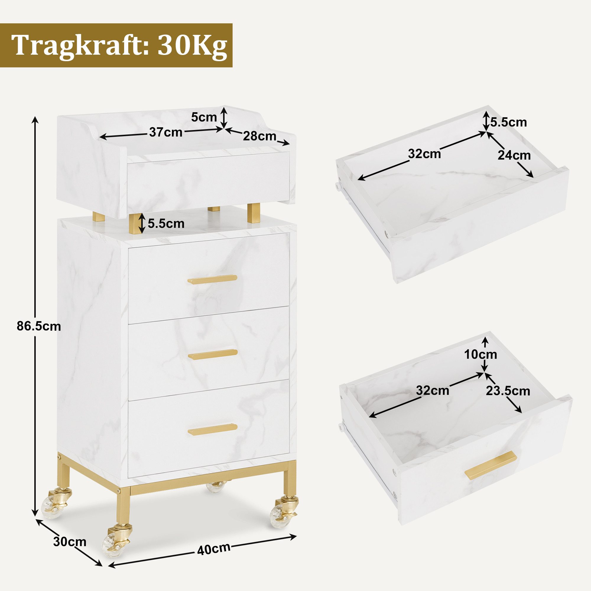 MCombo Servierwagen M MCombo Servierwagen mit Schubladen, Rollwagen, Arbeitswagen 0062, mit Rollen & 4 Schubladen, Salon Trolley mit Ablage, MDF