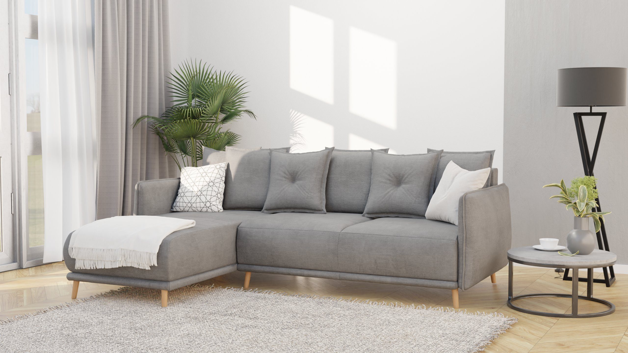 S-Style Möbel Ecksofa Lina mit Bettfunktion und Bettkasten im skandinavischen Design, mane links oder rechts bestellbar, mit Wellenfederung Grau