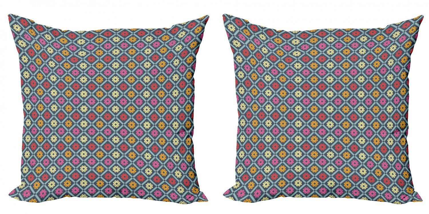 Abakuhaus Doppelseitiger Retro Modern Floral Digitaldruck, Bunt Checkered Accent (2 Stück), Kissenbezüge