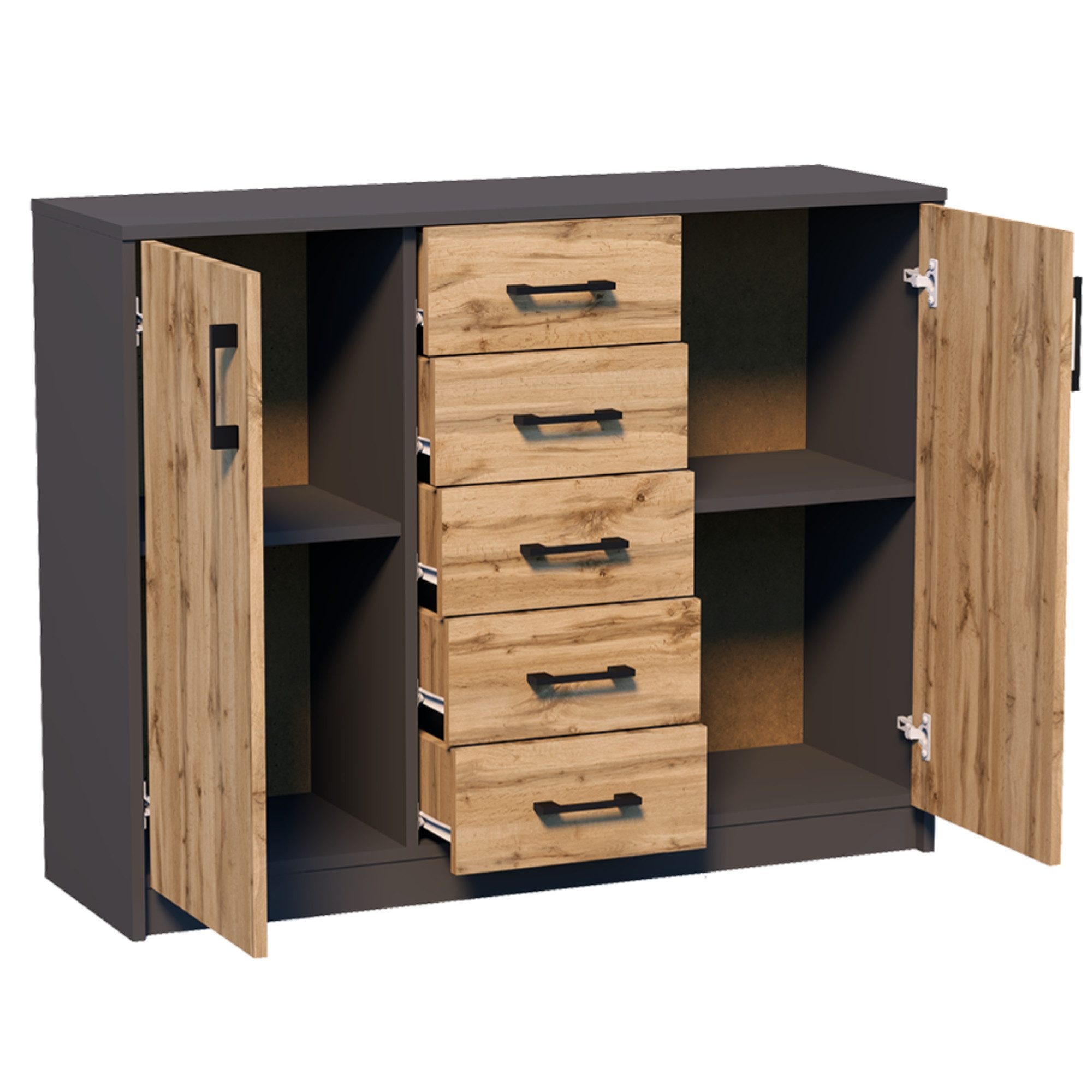 Home Collective Kommode mit 5 Schubladen und 2 Türen in matter Ausführung, Kommode 110cm breit (mit hochwertigen Polymergriffen, aus laminierter Platte gefertigt, Metallrollen mit Auszugsstopp), Holz Schrank Sideboard Highboard Kommode mit Schubladen graphit Eiche