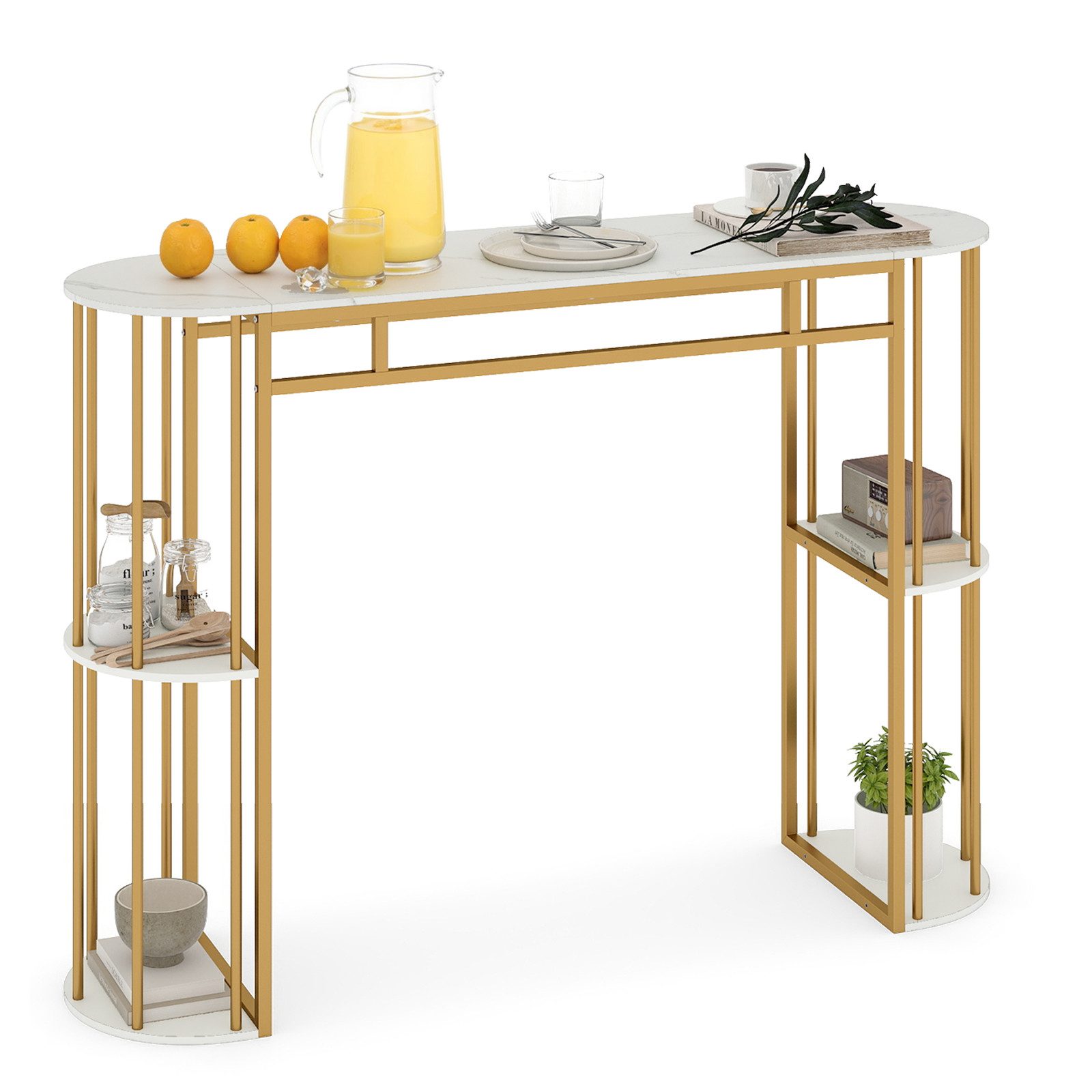 COSTWAY Bartisch, Küche mit 4 halbrunde Regale, 150cm Stehtisch Marmor Metall
