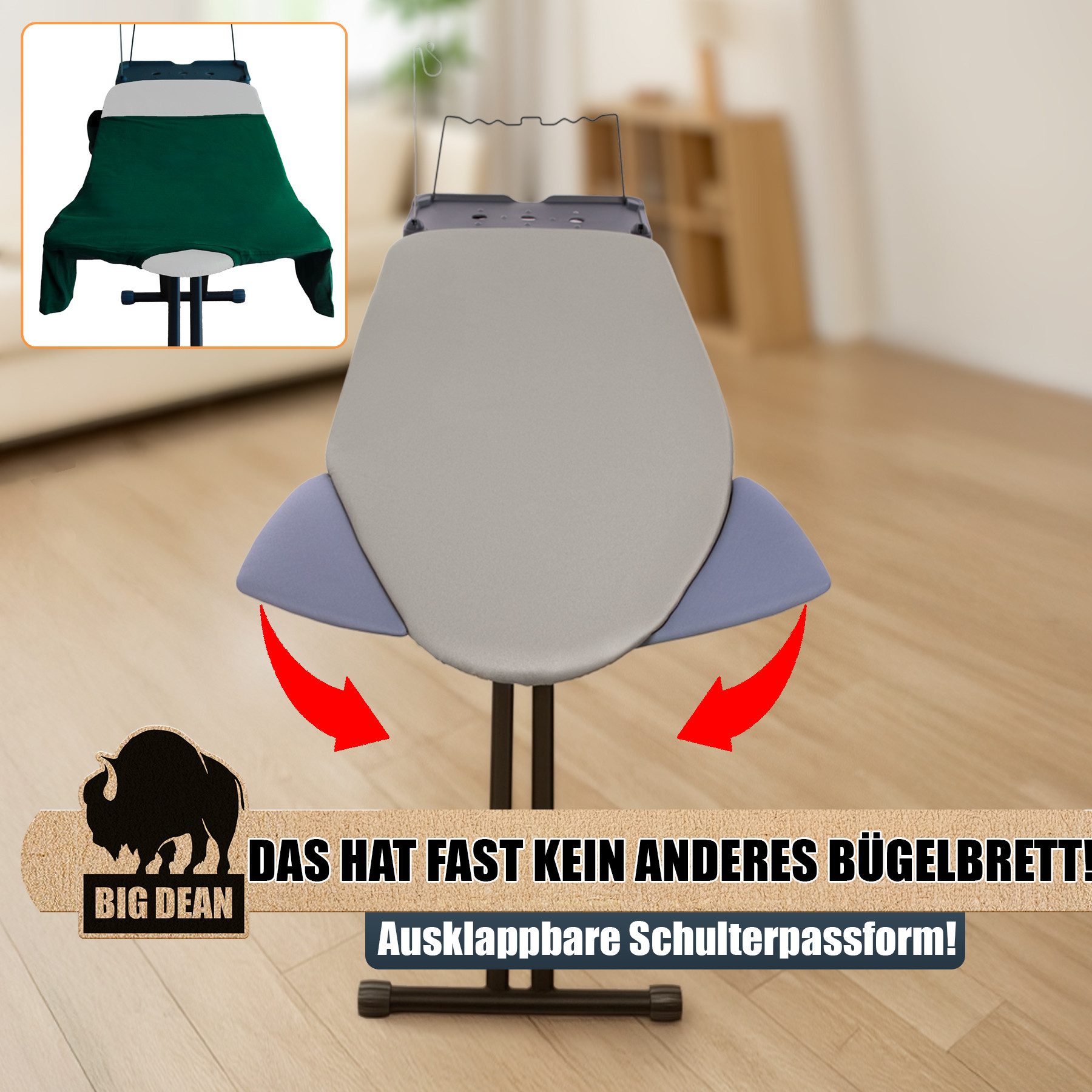 BigDean Bügelbrett XXL (120x45 cm Bügelfläche) inkl. ausklappbarer Schulterpassform, Bügelfläche 120x45 cm, Breite Stahlkonstruktion, Kindersicherung, Kabelführung, Seitentasche