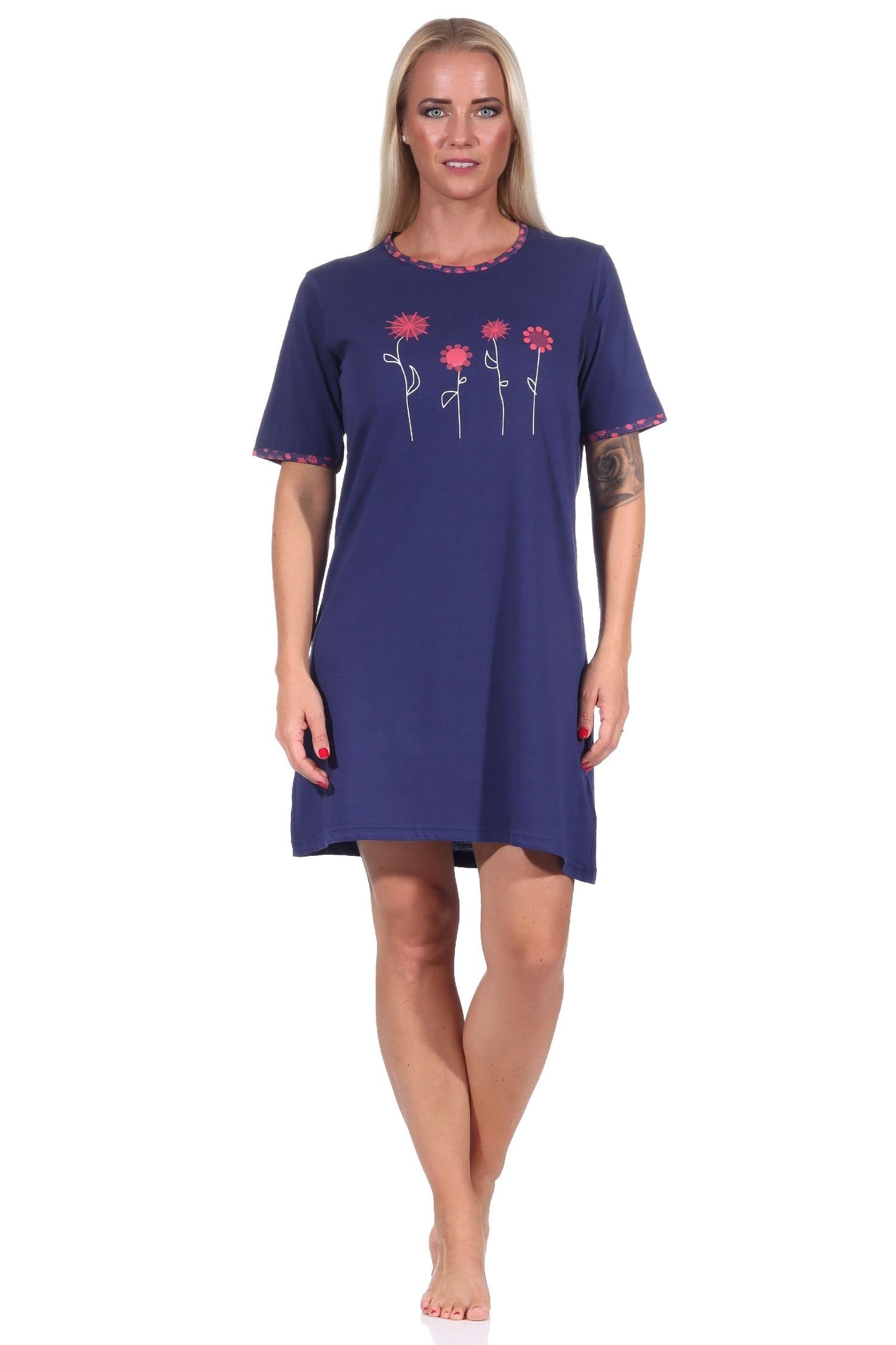 RELAX by Normann Nachthemd Edles Damen kurzarm Nachthemd mit floralen Frontprint - 122 10 602 navy | Nachthemden