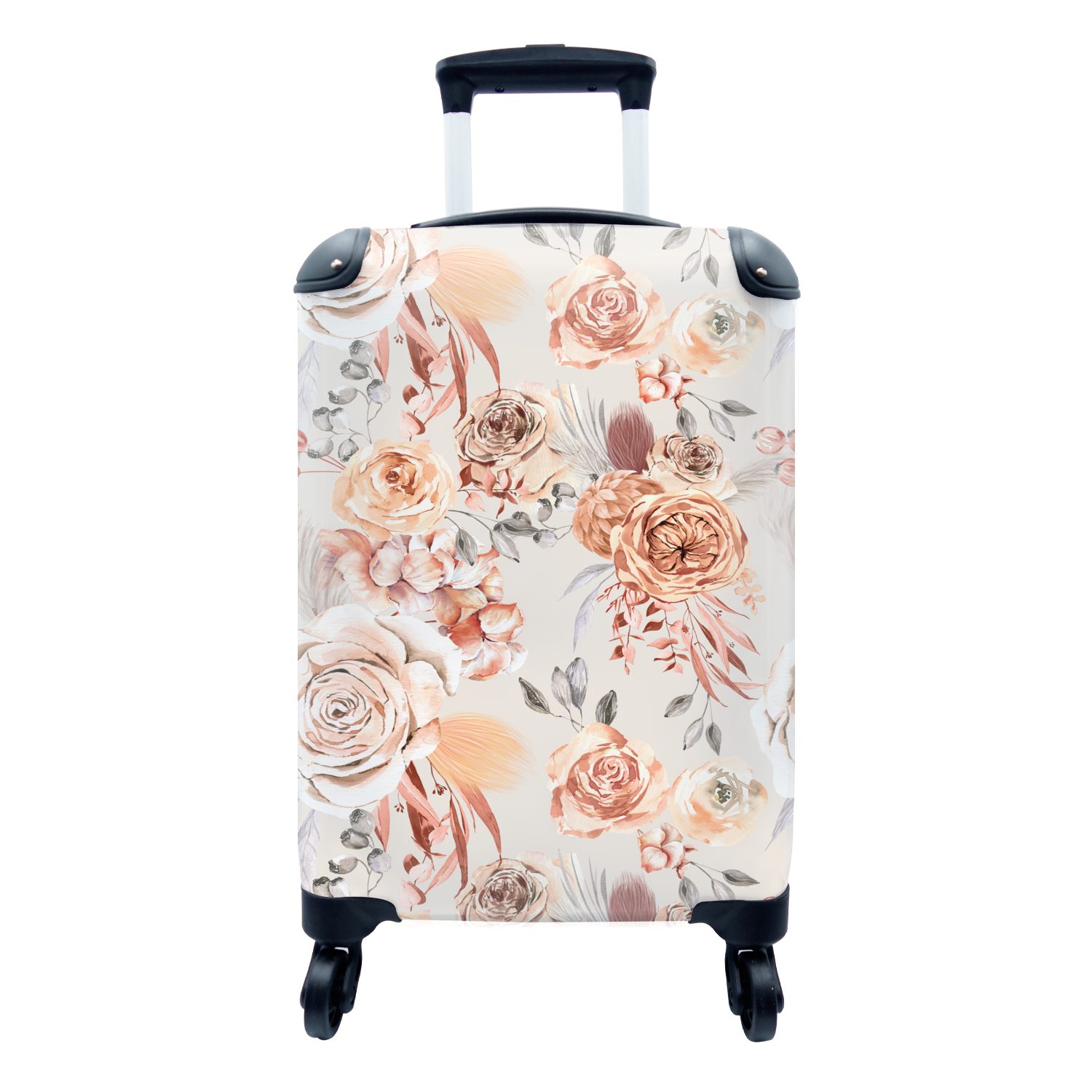 MuchoWow Handgepäckkoffer Blumen - Braun - Grau, 4 Rollen, Reisetasche mit rollen, Handgepäck für Ferien, Trolley, Reisekoffer