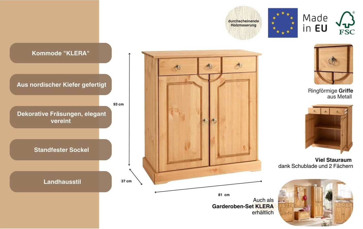OTTO home Kommode Klera, Breite 81 cm, aus massiver Kiefer, FSC®-zertifiziert