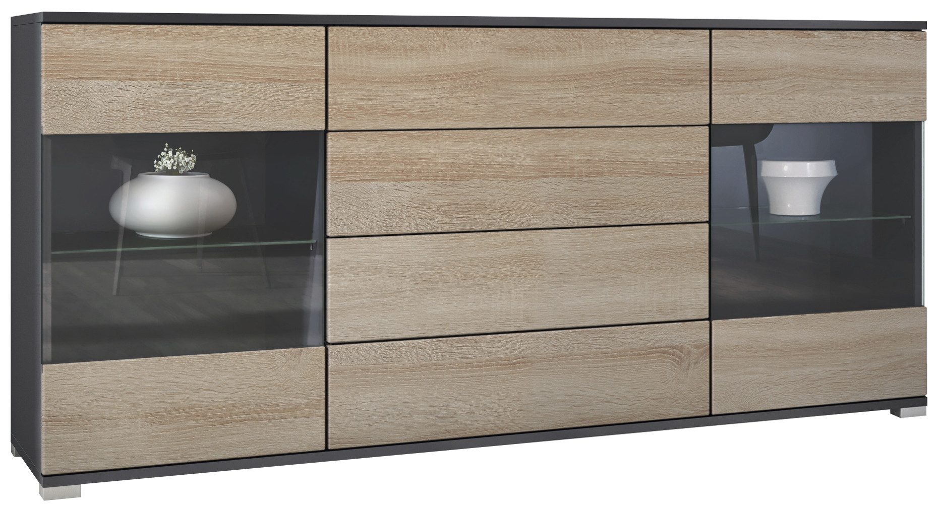 Vladon Sideboard Bari V2 (Kommode mit 2 Türen, 4 Schubladen und 2 flexible Glaseinlegeböden), Anthrazit matt/Eiche sägerau (166,5 x 75,5 x 35)