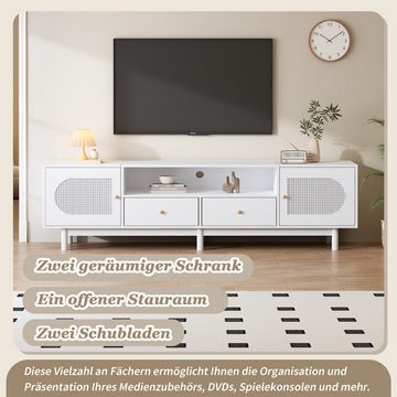 IDEASY TV-Schrank Rattan-TV-Schrank, Bohemian-Stil, mit Schubladen, weiß, 180 x 40 x 56 cm,geeignet für 80-Zoll-Fernseher, integriertes Kabelführungsloch