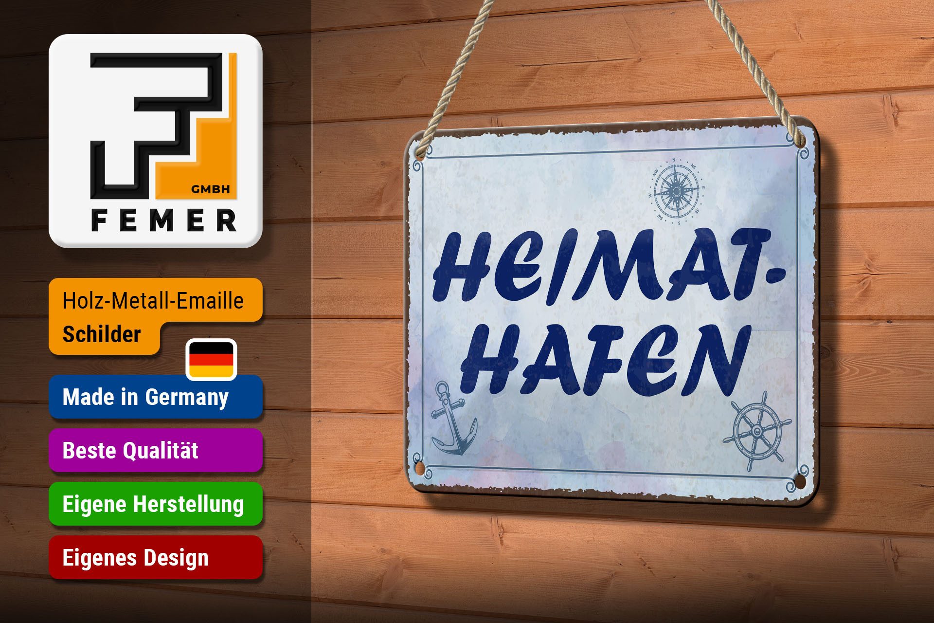 Femer GmbH Metallschild Spruch 12x18 cm Heimathafen blaues, (1 St), gewölbte Oberfläche, abgerundete Ecken, umgeschlagene Kanten
