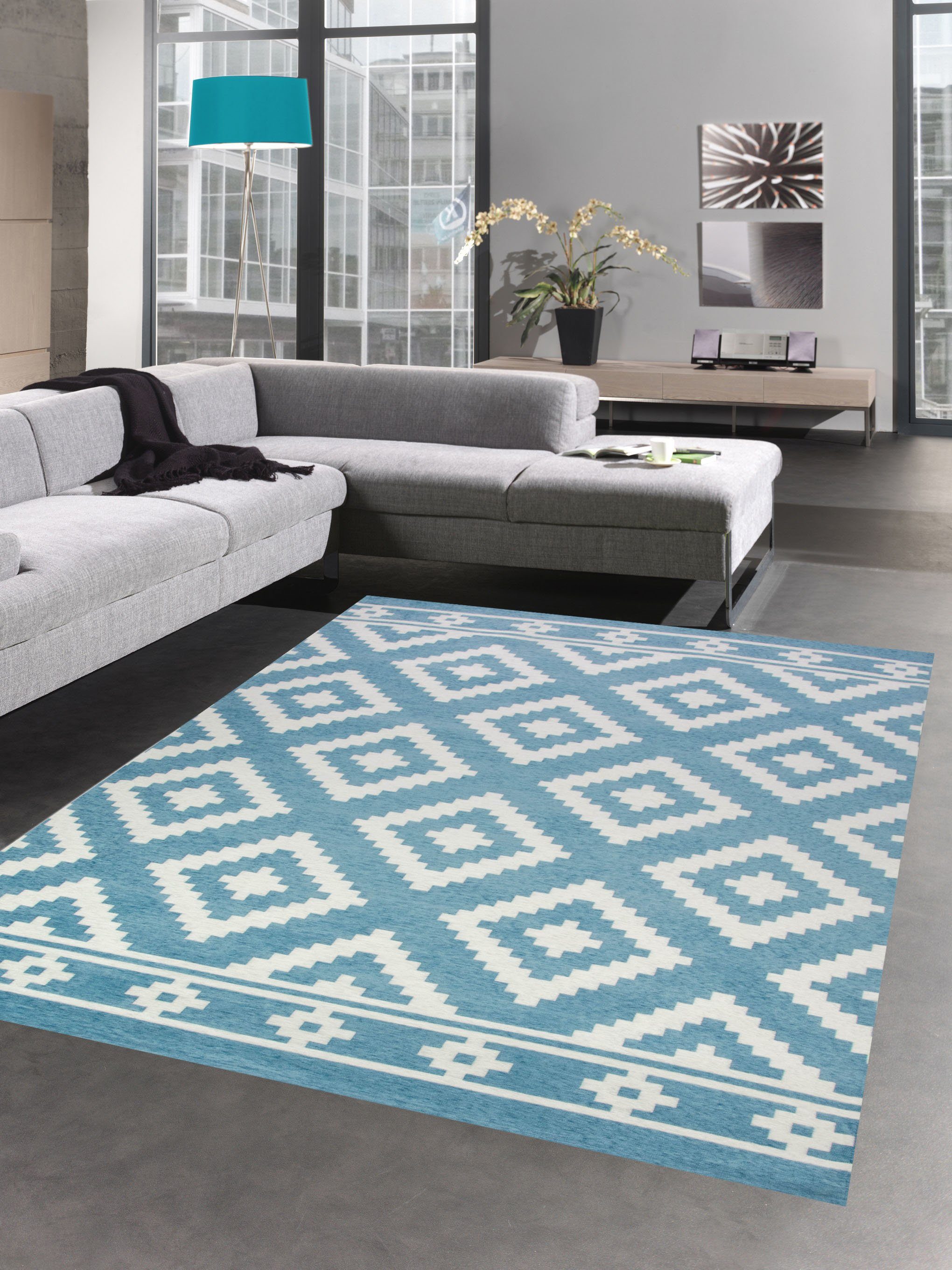 Designer Teppich Weiß-Türkis Marokkanisches Modern Muster Wohnzimmer Esszimmer 