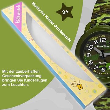 Pure Time Quarzuhr Camouflage Tarn Kinder Textil Armbanduhr, Kinderuhr in oliv grün