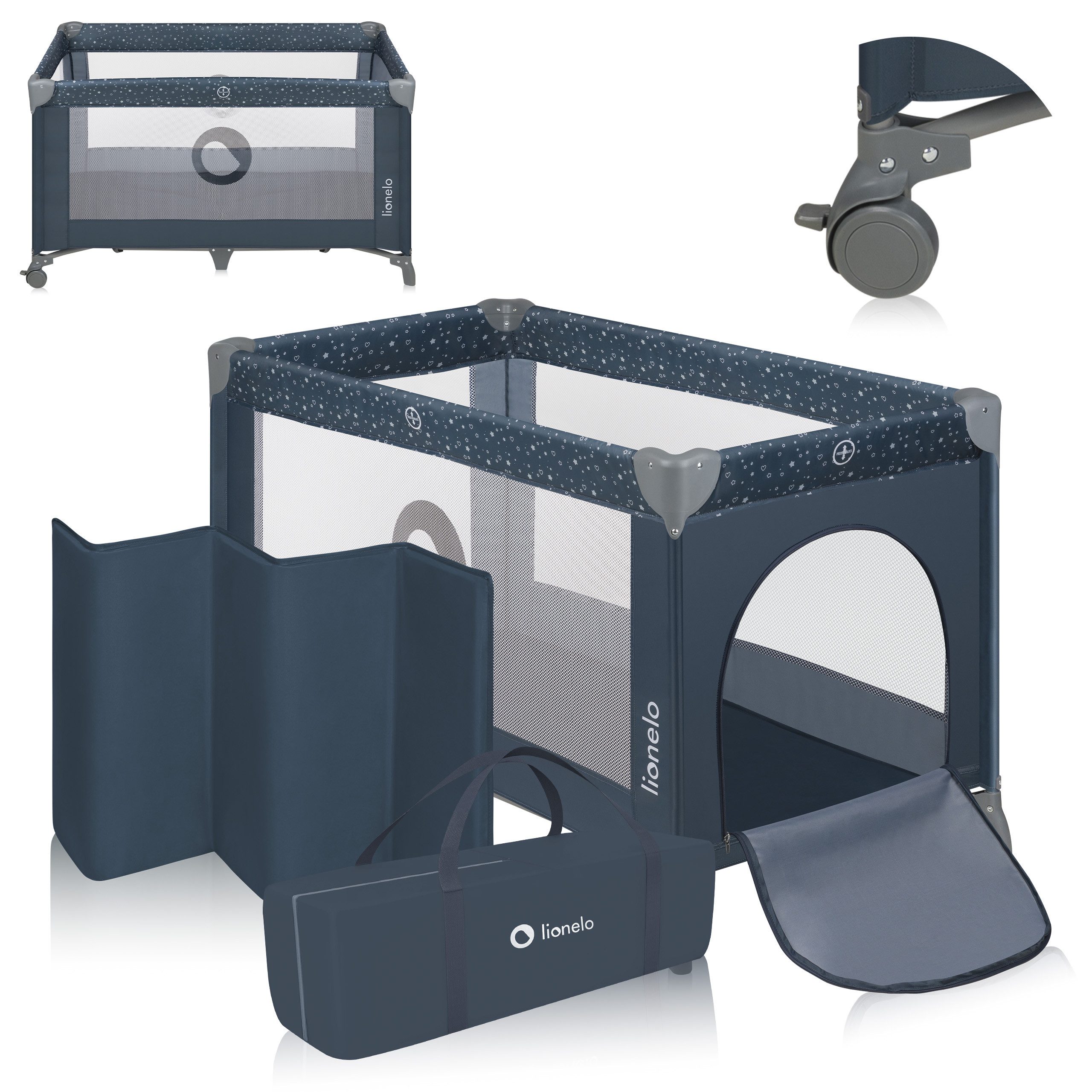 lionelo Reisebett STEFI (Set, 2in1 Reisebett und Laufstall) 2in1/LockGuard/Seiteneinstieg/2 Rollen mit Bremsen/Kompakt