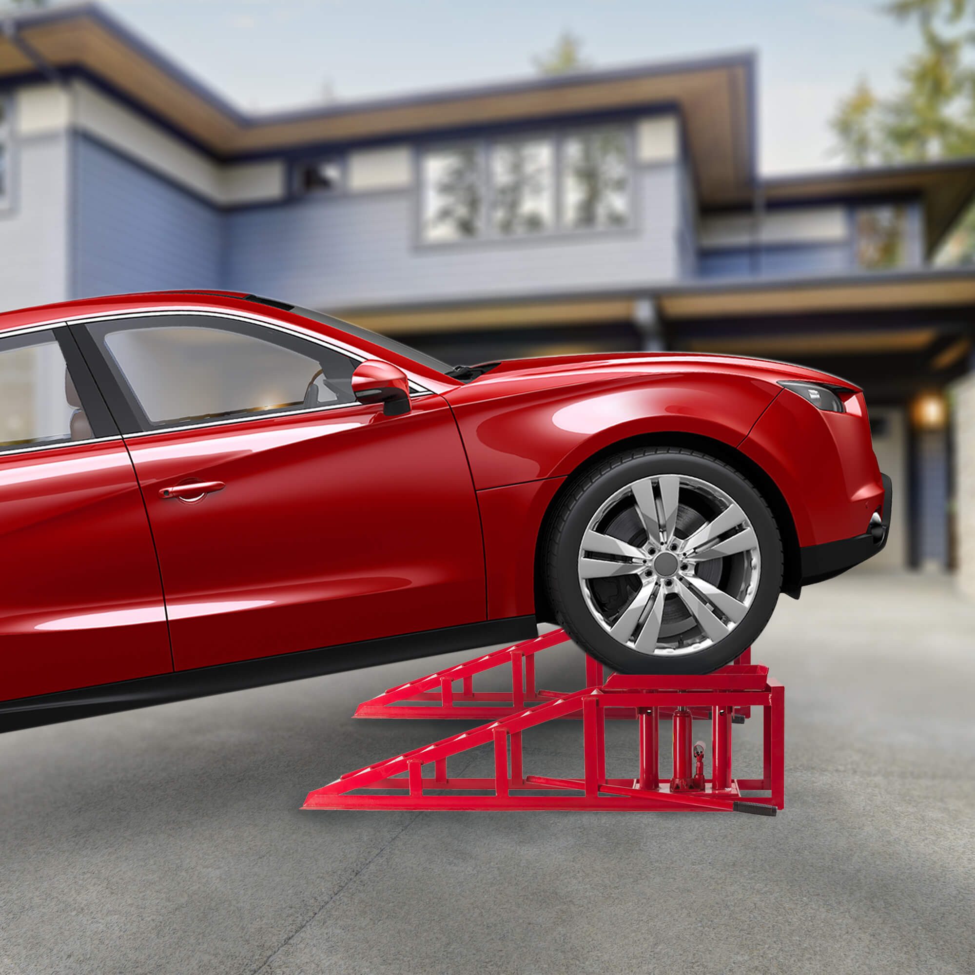 Arebos Auffahrrampe 2x mit hydraulischem Wagenheber, XXL 245 mm Auffahrbreite (2er Set), mit Sicherheits-/ Überdruckventil, Höhenverstellbar