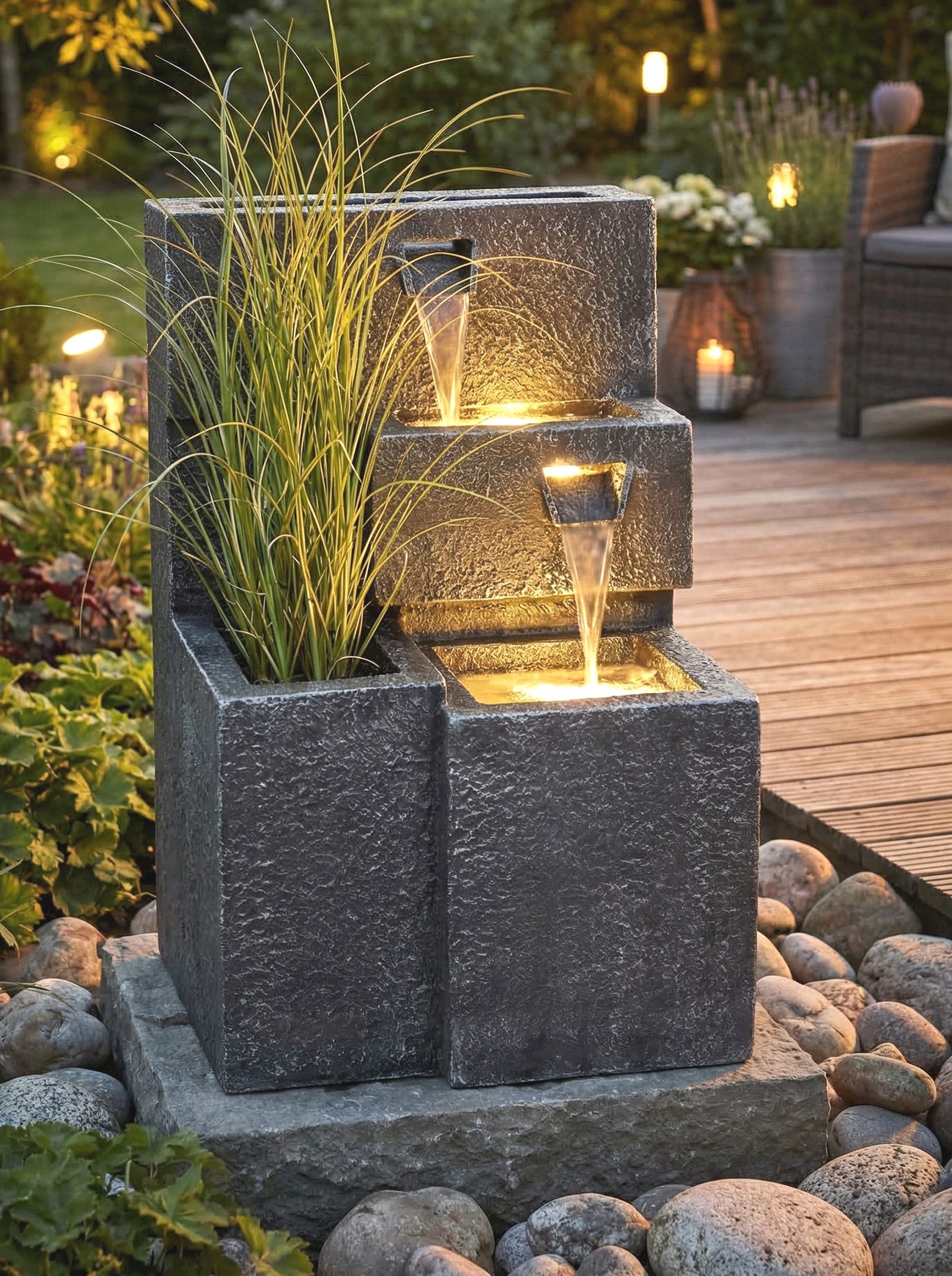 Arnusa Gartenbrunnen Grada Springbrunnen großer Brunnen Kaskade Gartendeko, (Komplett-Set), mit LED Beleuchtung und Pflanzbecken