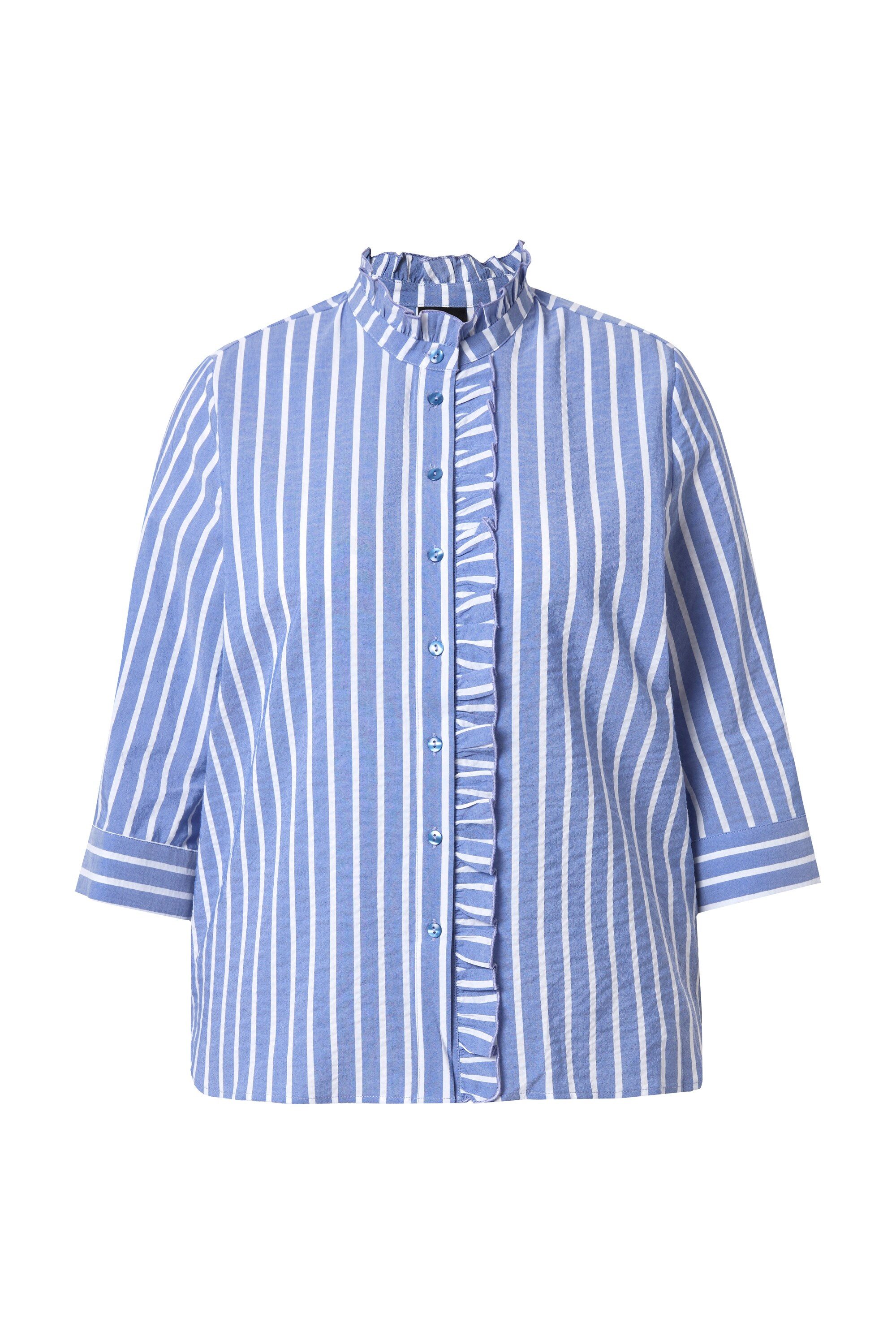 Ulla Popken Rüschenbluse Seersucker-Bluse A-Linie Stehkragen 3/4-Arm