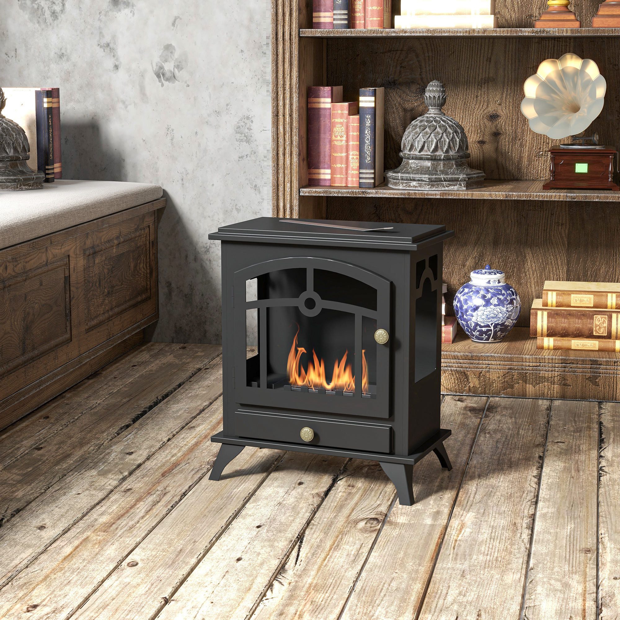 HOMCOM Echtfeuer-Dekokamin Ofen 7000BTU mit Feuerdeckel, mit 3h Brenndauer, Standkamin 25 m² (mit 1,2L Fassungsvermögen, 2-St., Ethanol-Kamin), mit Bioethanol Brenner