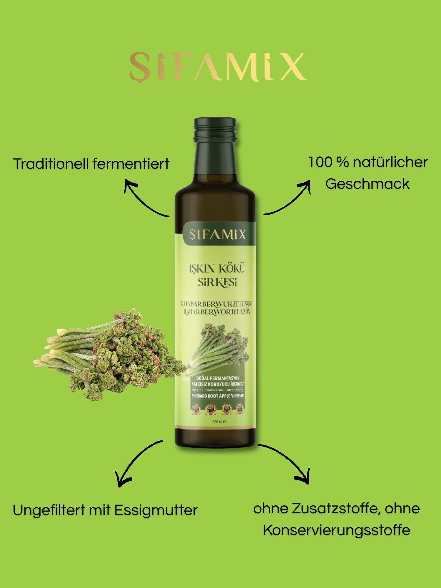 ADELSHOP Essig Sifamix Rhabarberwurzel-Essig - Traditionell Fermentiert & Pur, 500 ml