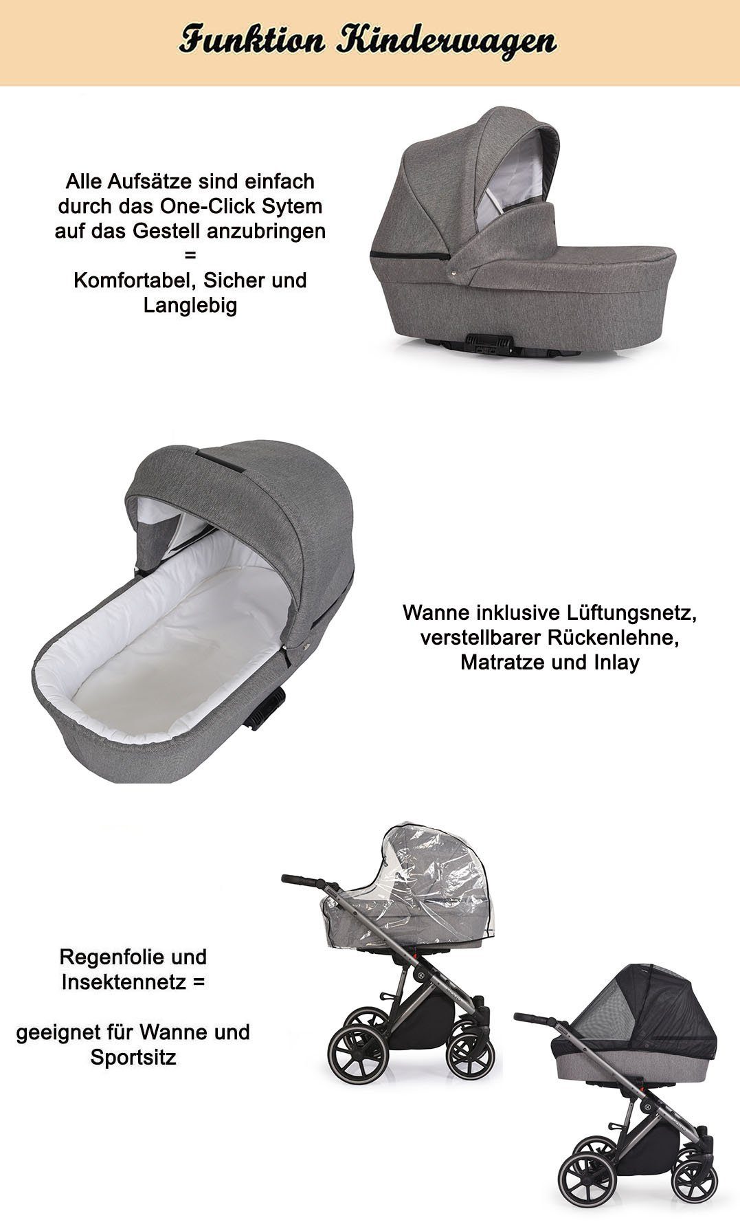 babies-on-wheels Kombi-Kinderwagen Molto Grau-Dekor Gestell Designs Jahre Teile von in 12 14 - in 4 1 - = schwarzes bis Geburt 2