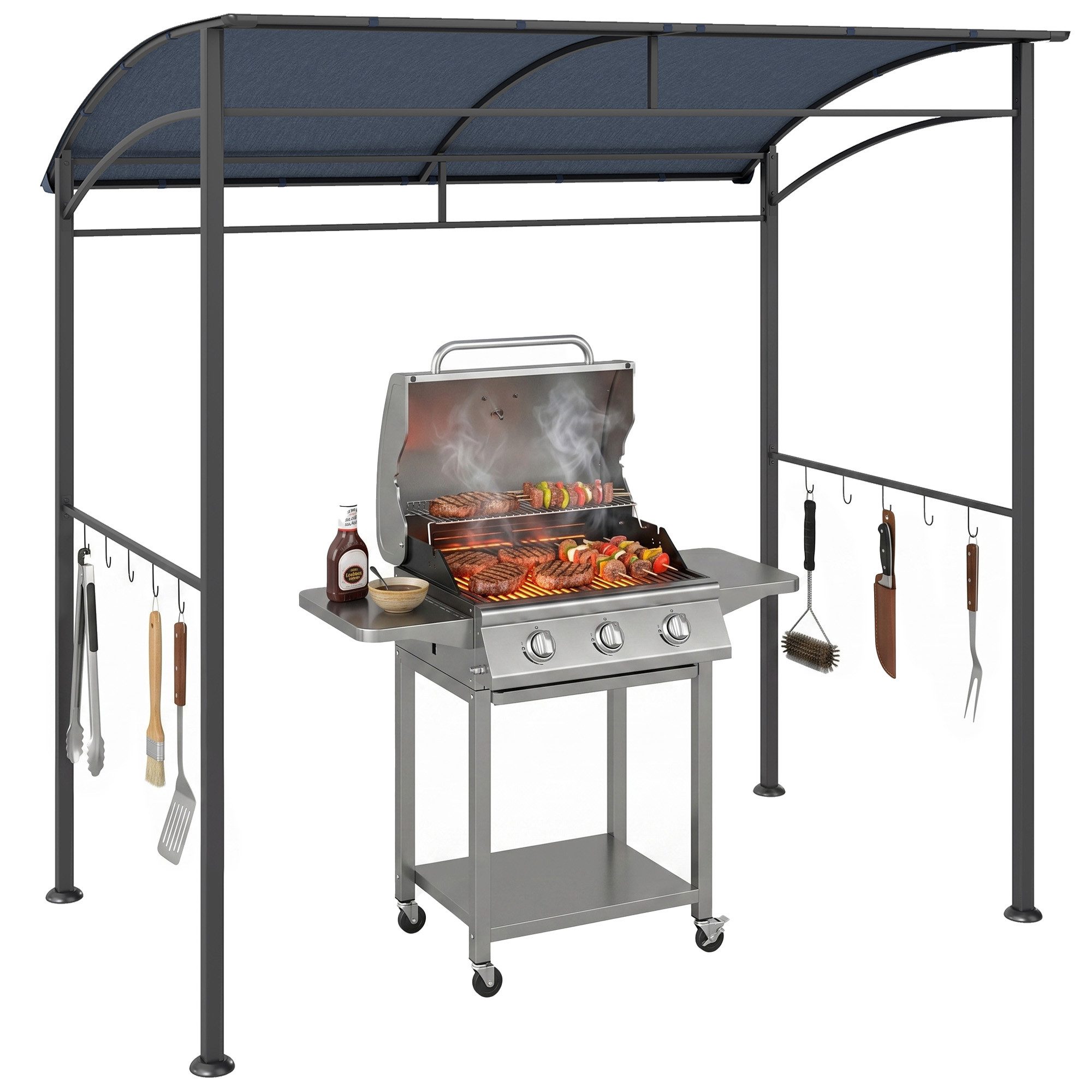 Outsunny Grillpavillon mit Haken für Utensilien, Stahlrahmen, mit 1 Seitenteilen, (Grillpavillon, Grillüberdachung), für Garten, Balkon, Grau