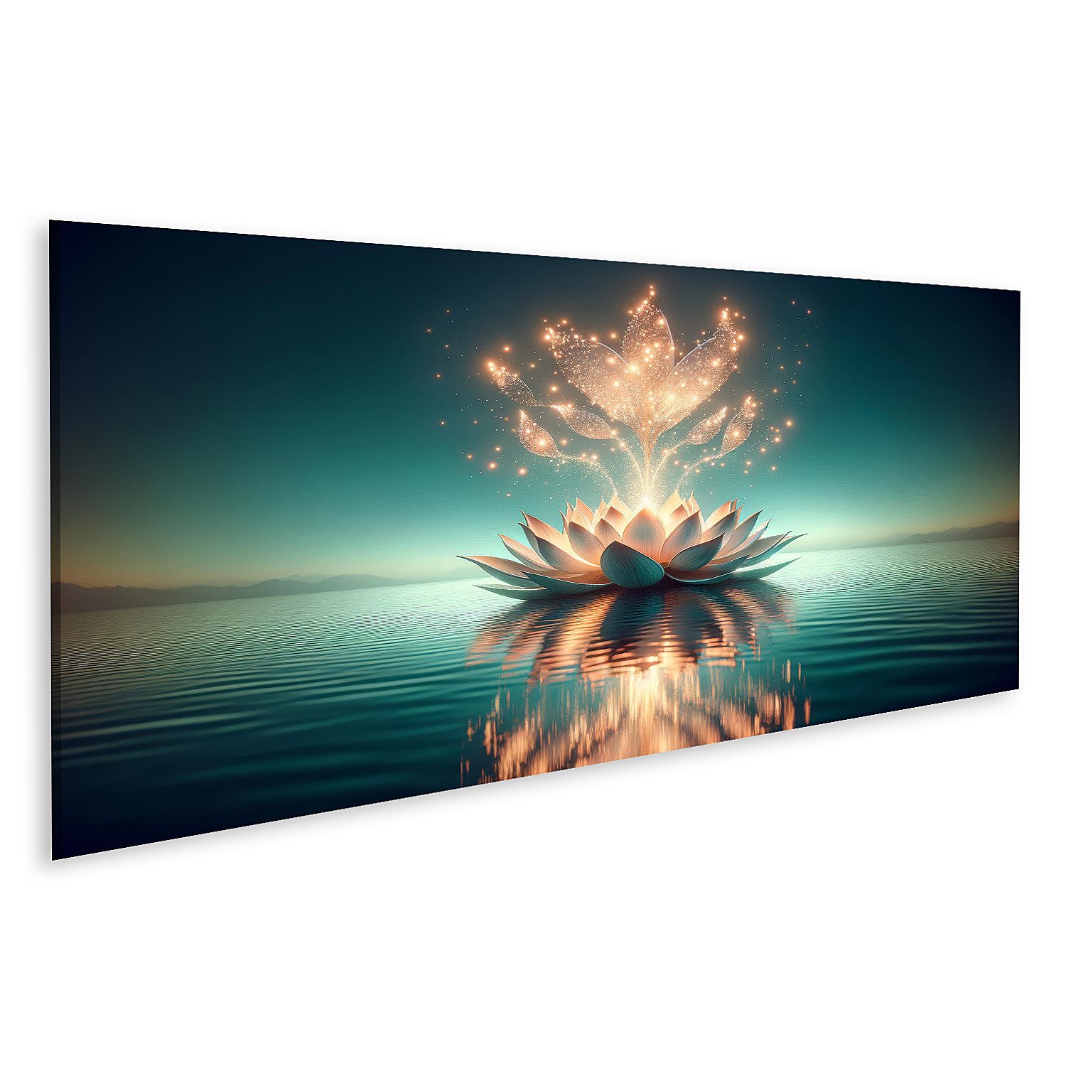 islandburner Leinwandbild Leuchtende Lotusblüte auf ruhigem Wasser Funkelnd günstig online kaufen