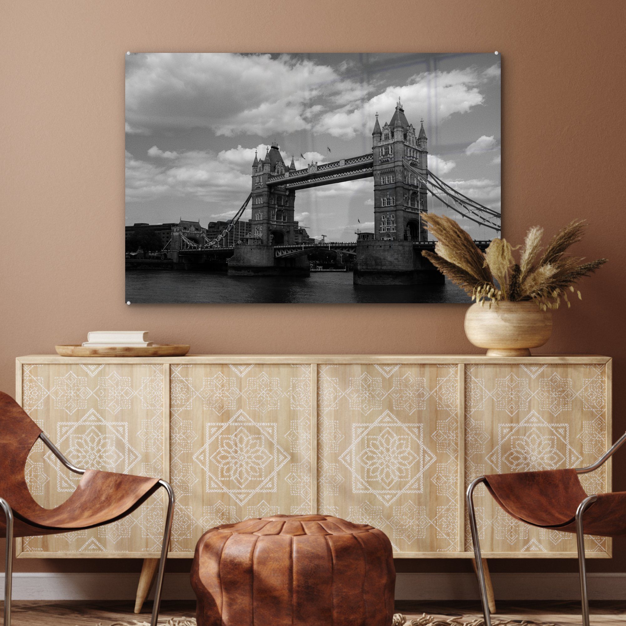 St), Acrylglasbilder Acrylglasbild in MuchoWow & Bridge Wohnzimmer London, der Schwarz-Weiß-Bild (1 Schlafzimmer ikonischen Tower