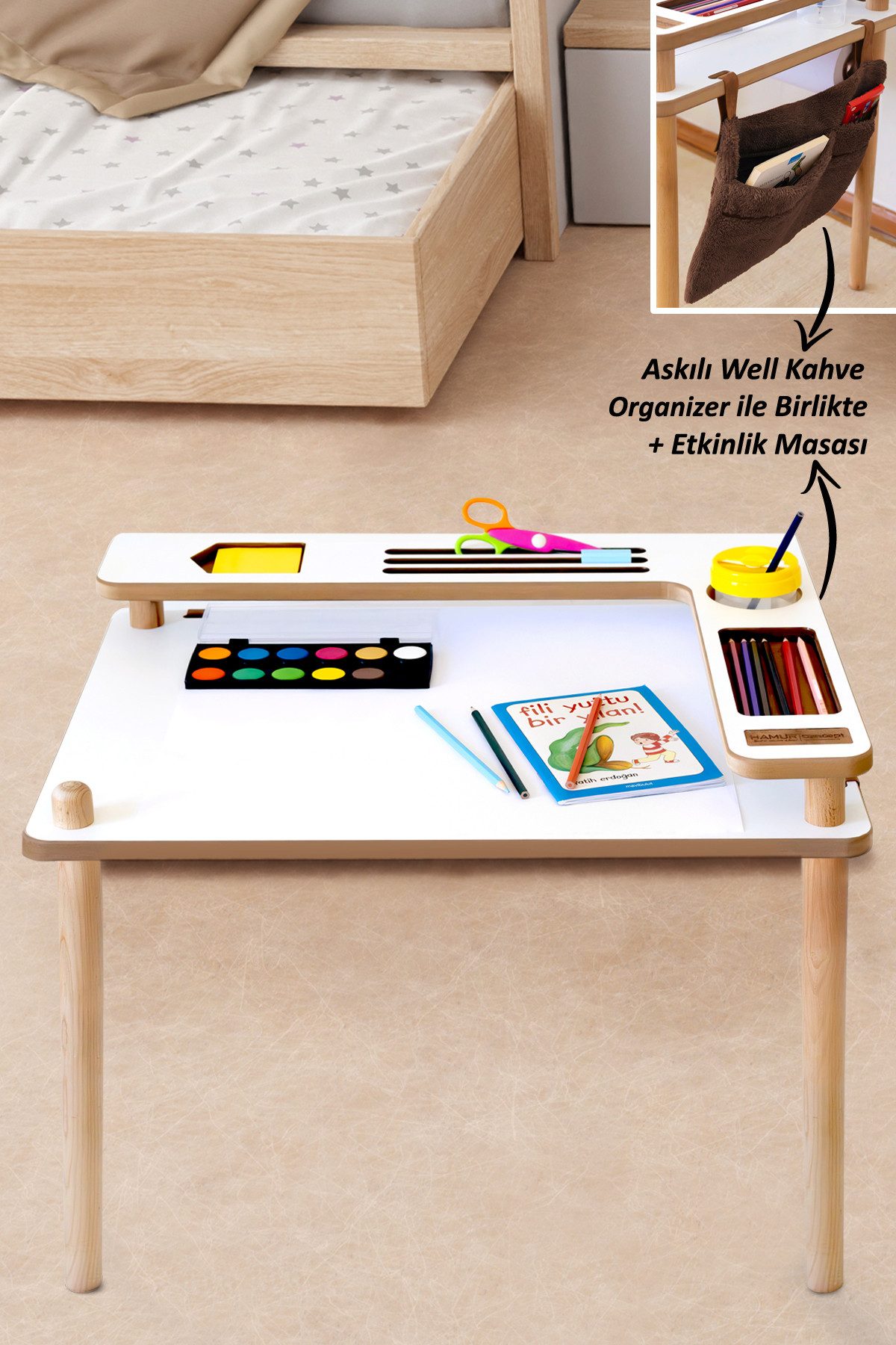 en.casa Esstisch (1-St), Papierrollenhalter, Organizer, Tablet-Slots – Braun