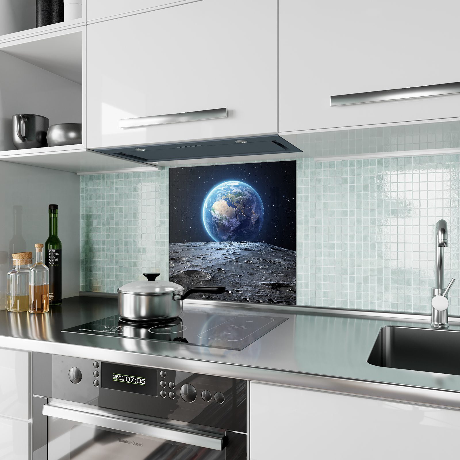 Primedeco Küchenrückwand Spritzschutz Mond aus Glas vom Erde