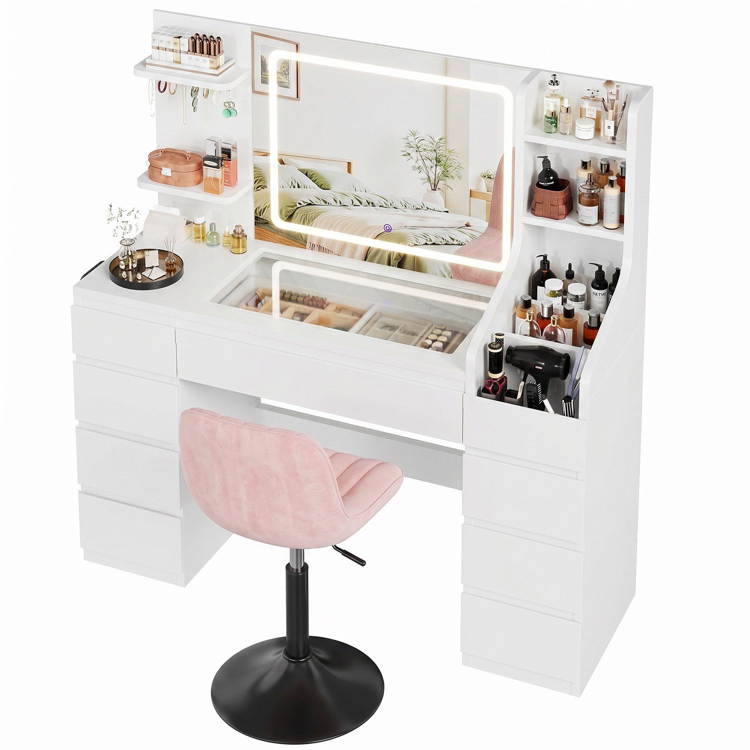 HOMALL Schminktisch Dreifarbiger, LED-beleuchteter Schminktisch Extra großer Stauraum (Maße: 135 × 40 × 137 cm, Arbeitsplatte aus gehärtetem Glas, mit 7 offenen Ablagefächern + 9 Schubladen, 2 Steckdosen + 1 USB-Anschluss + 1 Typ-C-Anschluss, Halterung für Haartrockner -ostern geschenke)