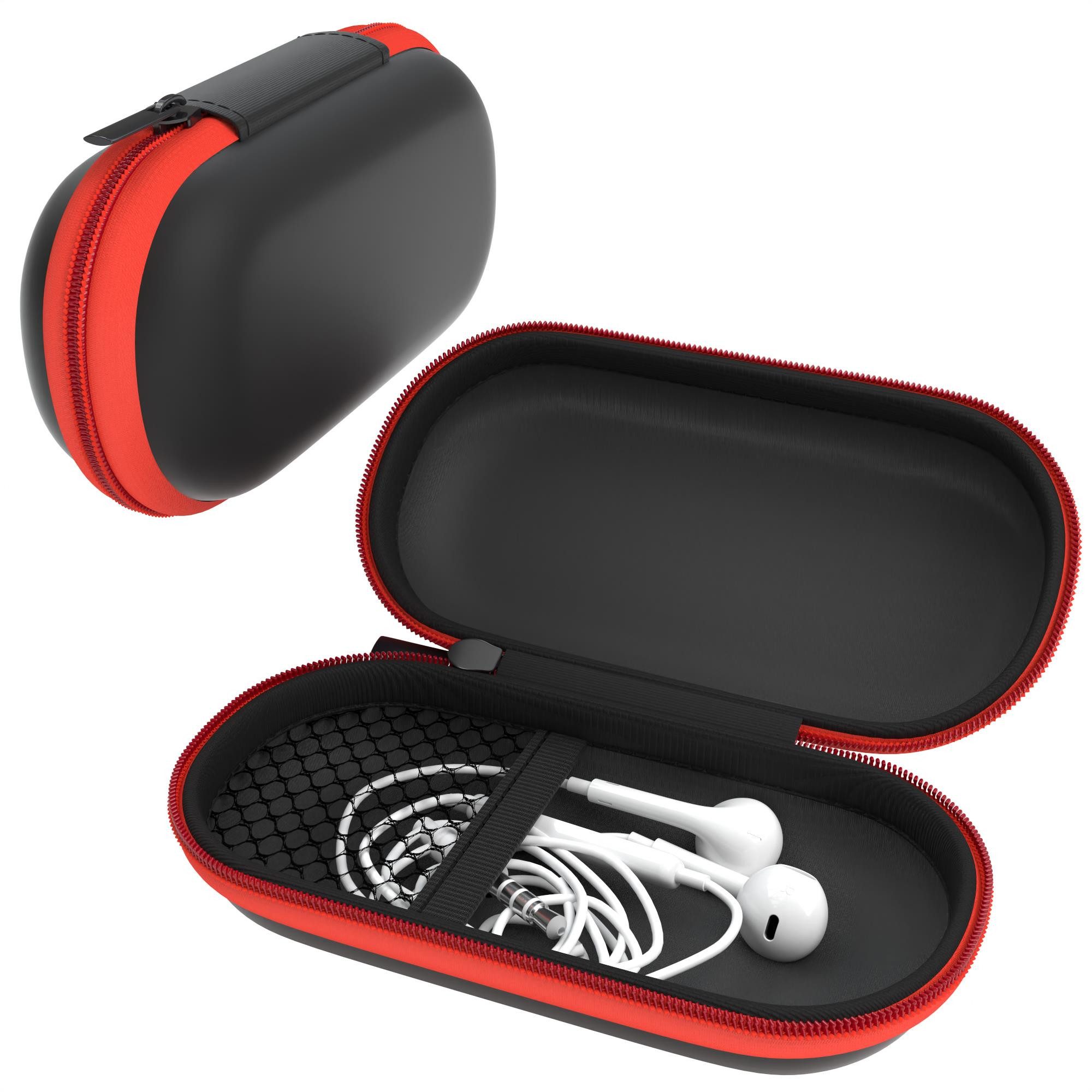 EAZY CASE Kopfhörer-Schutzhülle Universal Tasche für In-Ear Kopfhörer mit Netzfach, Stoßfeste Tasche für Kopfhörer Fullcover mit Reißverschluss oval Rot