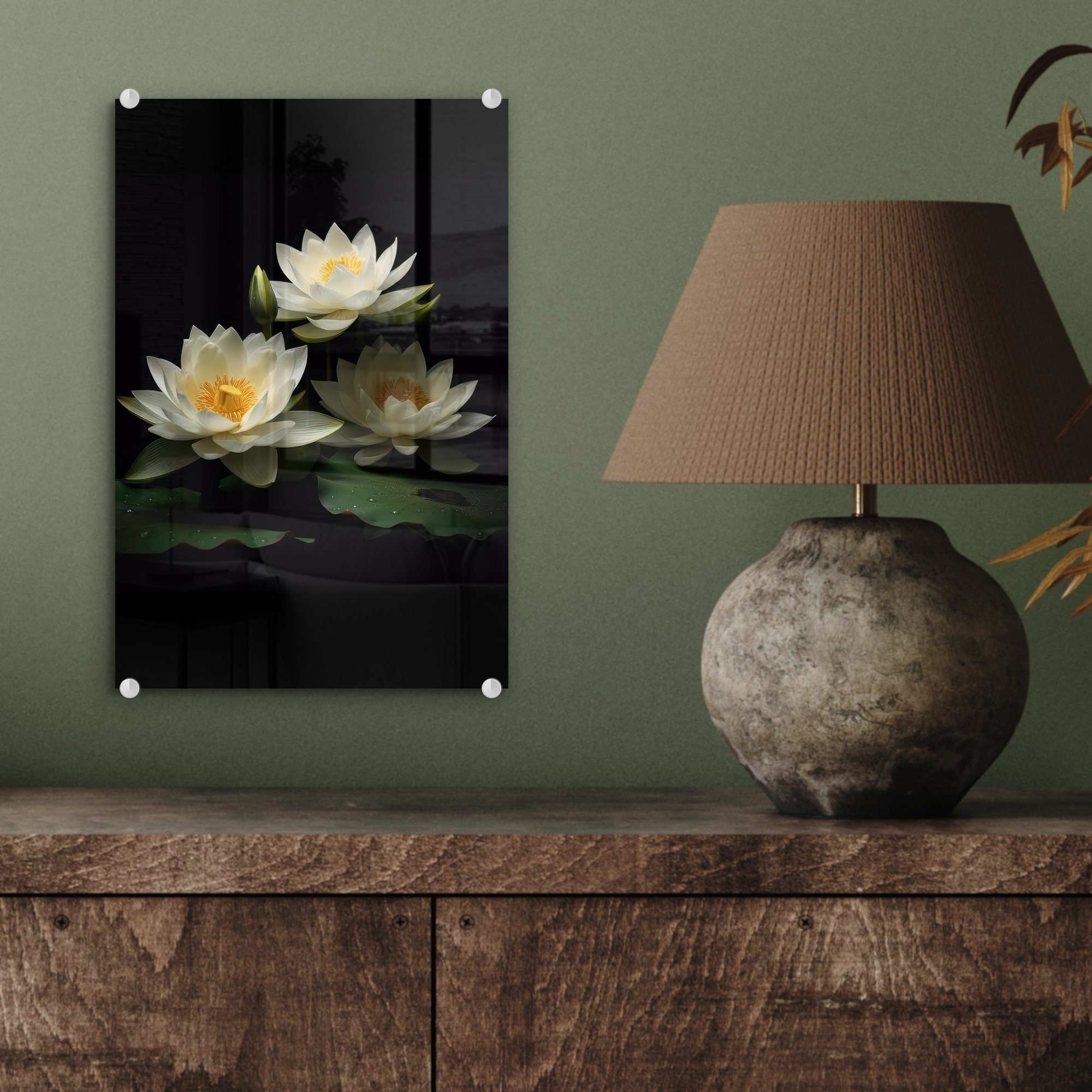 auf - - Wandbild Foto - Acrylglasbild auf (1 Glas - MuchoWow - Weiß Natur St), Glasbilder Bilder - Wanddekoration Schwarz, Blumen Glas Lotus -