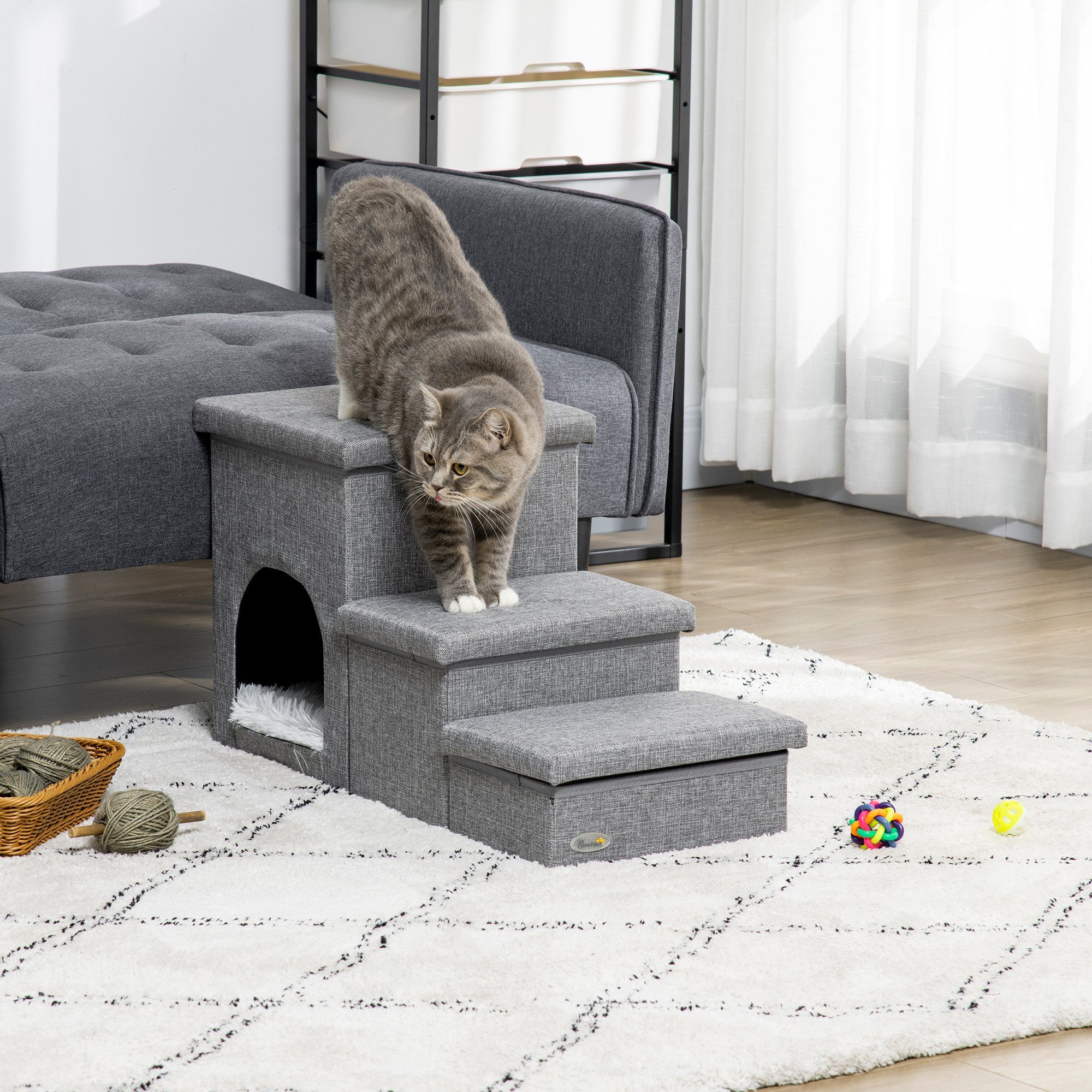 PawHut Haustiertreppe 3 Stufige Katzentreppe Hundetreppe mit Höhle (Haustierleiter, 1-St., Tiertreppe), Leinen, Hellgrau 73,5 x 33 x 40,5 cm