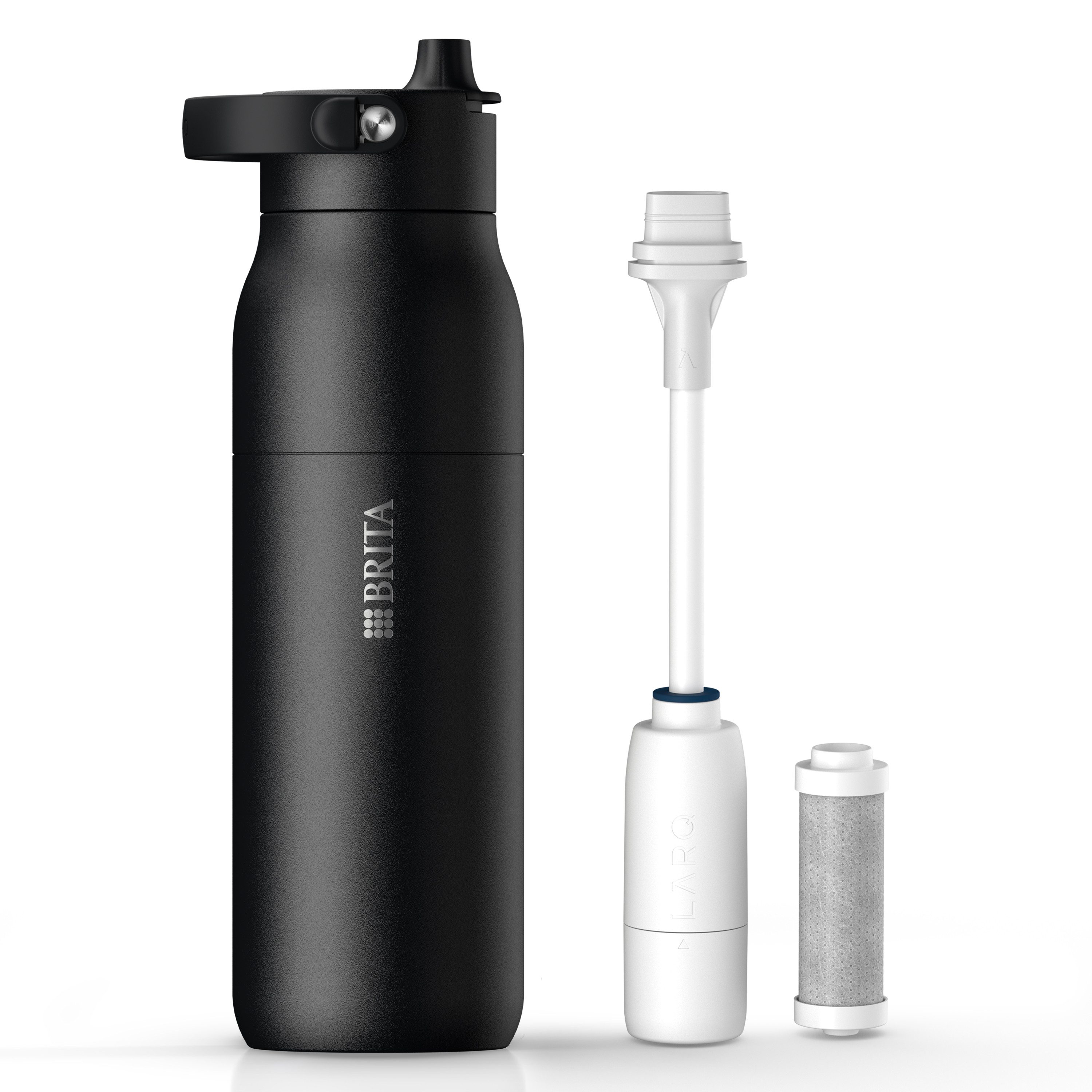 BRITA Trinkflasche BRITA LARQ Essential Filter Trinkflasche (1L) mit Strohhalm, Edelstahl Wasserflasche mit doppelwandiger Isolierung - hält 24h kalt