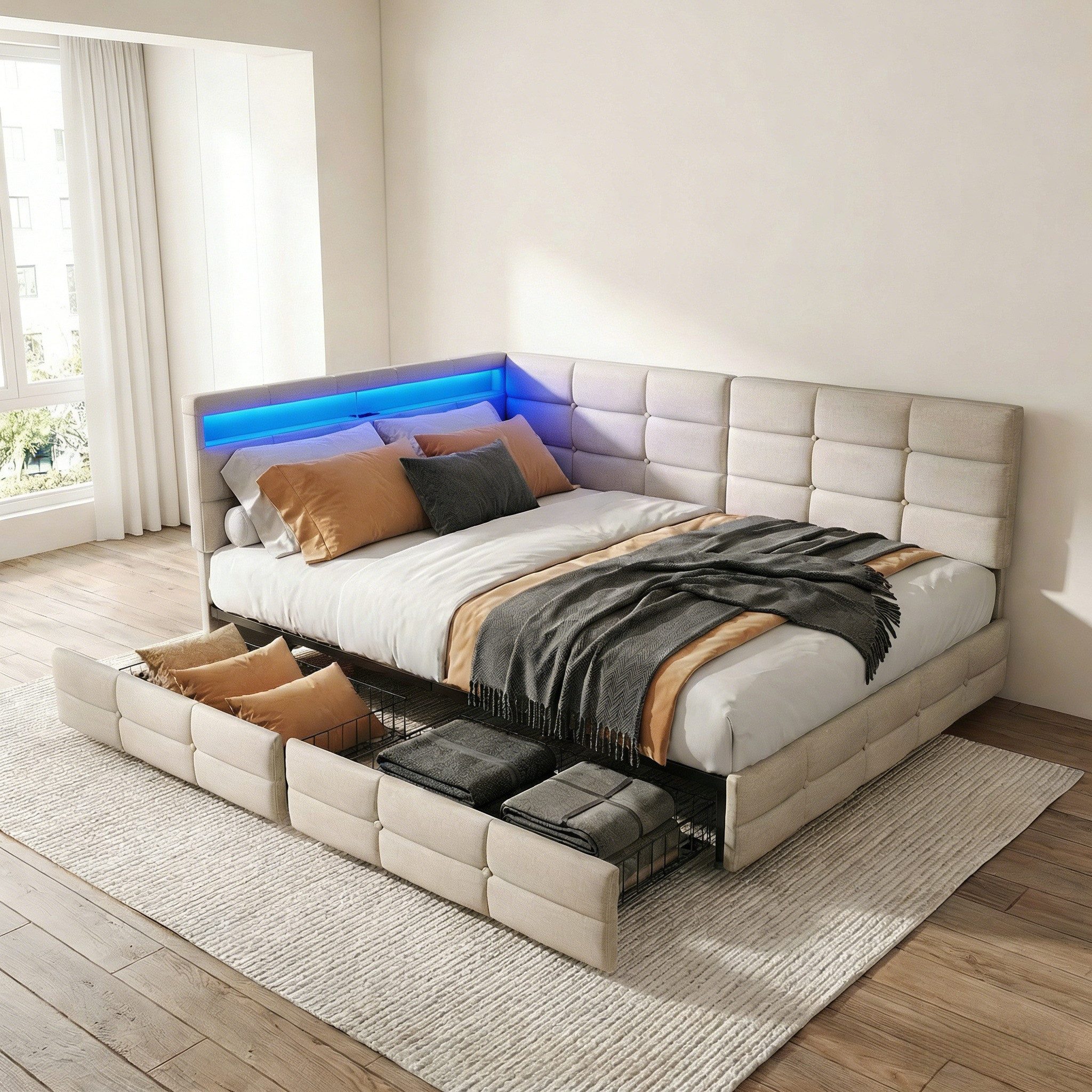 Gdood Polsterbett Daybett Jugendbett Tagesbett (1-tlg., 2 Schubladen, Geeignet für Jungen und Mädchen), Mit LED-Beleuchtung, Ladefunktion, Leinen, 140x200 cm