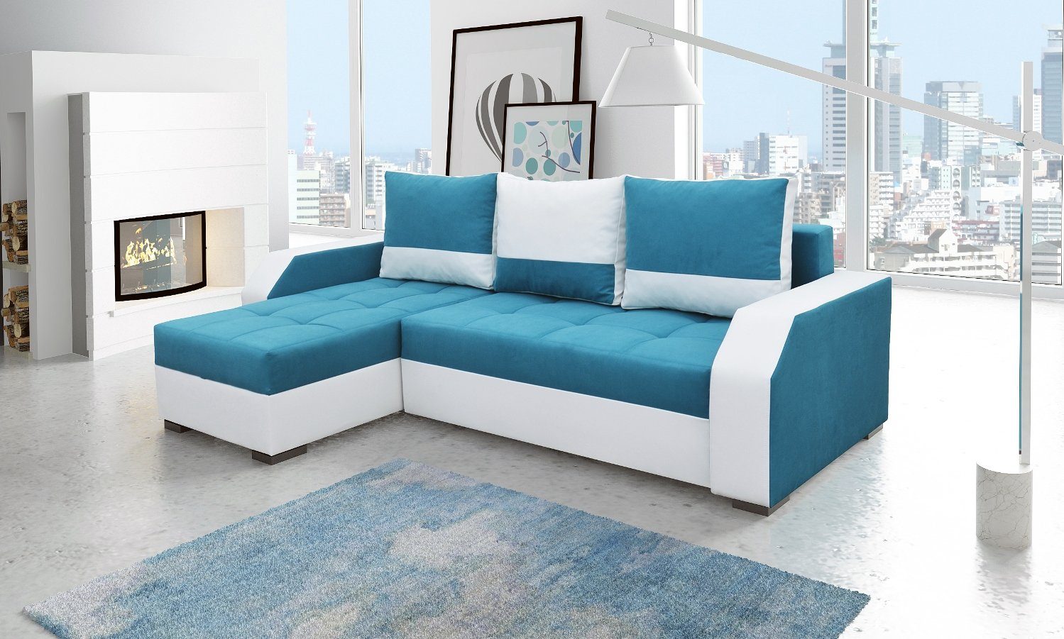 JVmoebel Ecksofa, Design Ecksofa Bettfunktion Couch Leder Textil Polster Sofas Couchen Blau / Weiß