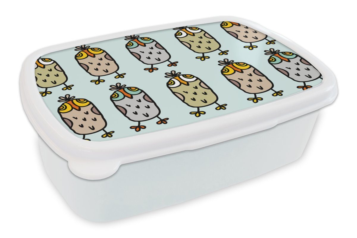 MuchoWow Lunchbox Muster - Eule - Blau, Kunststoff, (2-tlg), Brotbox für Kinder und Erwachsene, Brotdose, für Jungs und Mädchen weiß