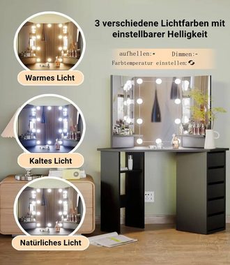 LUCKZON Schminktisch für Ecke mit LED, mit Spiegel, 5 Schubladen, einstellbare Helligkeit (1 x Schminktisch, 10 X Lichter, 1 x 5 Schubladen, 1 x 2 Einlegeböden), LxBxH: 112 x 50 x 142.5 cm