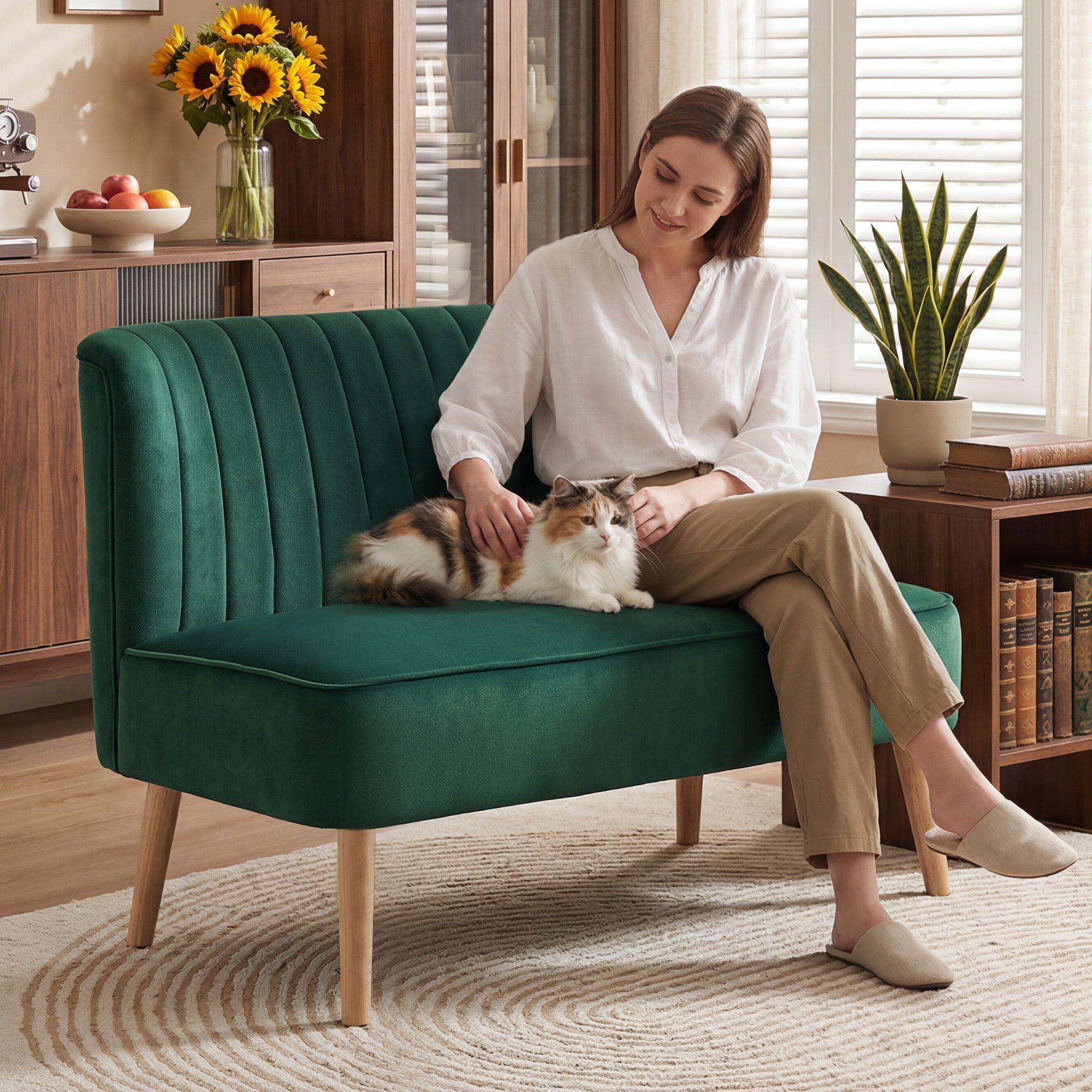 HOMCOM 2-Sitzer Sitzmöbel, Loungesofa, aus Holz, Samtartiges Polyster, Schaumstoff, Doppelsofa 1 Teile, für Wohnzimmer, Schlafzimmer, 117 x 56,5 x 77 cm, Dunkelgrün