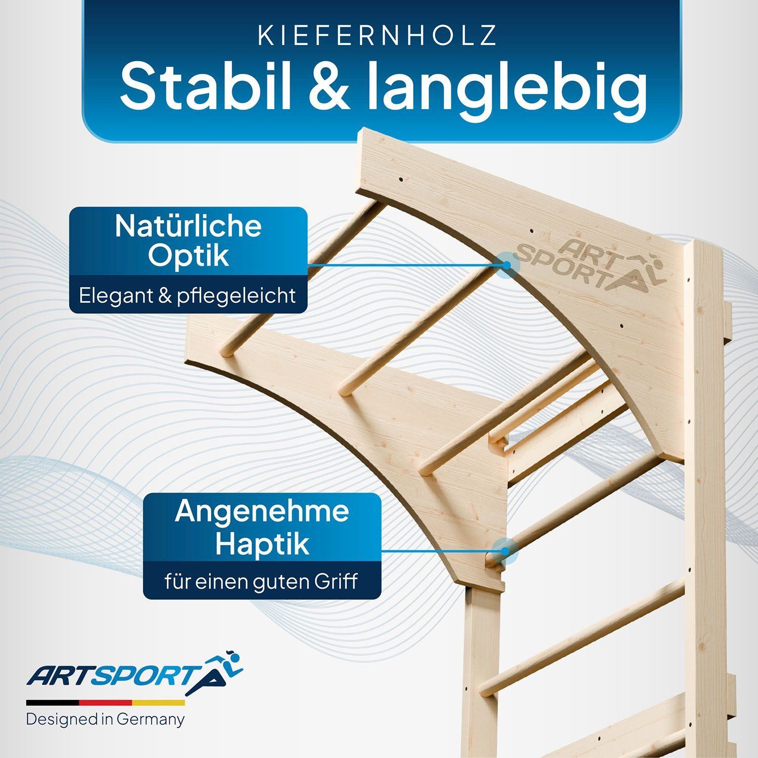 ArtSport Sprossenwand Holz Sprossenwand, für Erwachsene, Indoor Sportgerät aus Holz mit Klimmzugstange
